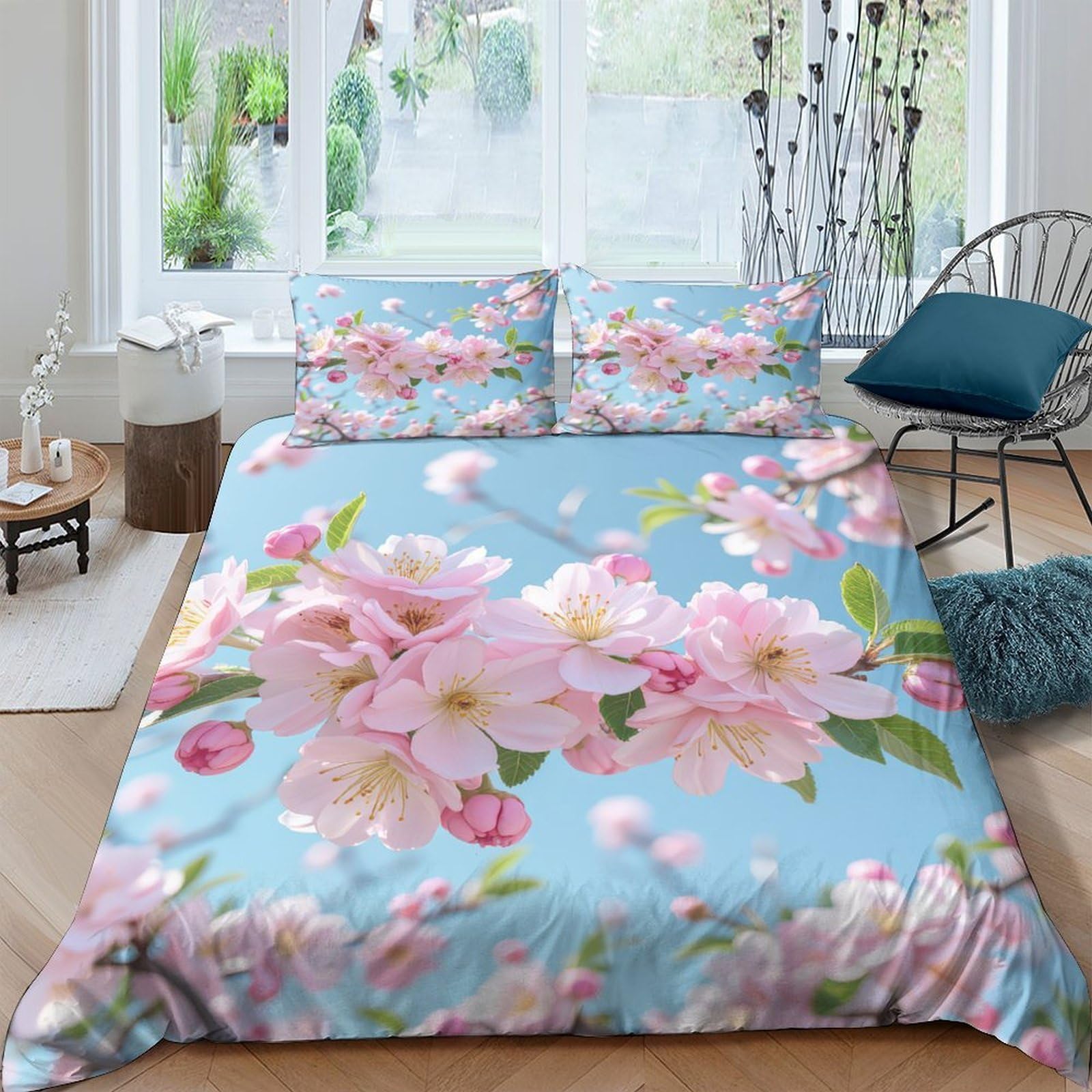 TUFRTGYHN 3D Printed Blossom Floral Duvet Cover Microfiber Soft Breathable Cherry Bloom Bedding Set with 2 Pillowcases for Bedroom Decor Single（135x200cm）