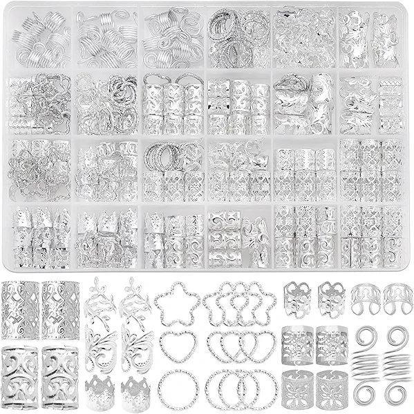 Fscwlmon 260 Pcs Hair Jewelry for Braids,Hair Beads Accessories for Dreadlock,Metal Hair Clips Cuffs Rings,Loc Rave Hair Charm Decorations Adjustable Kits for Men Women Silver