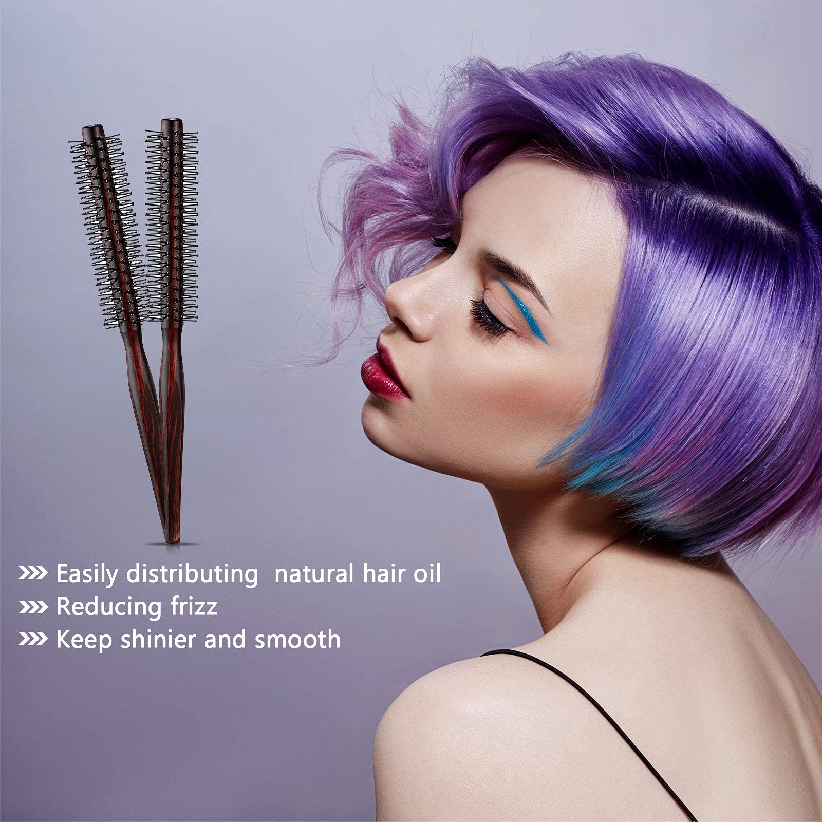 Kleine Rundbürste für kurzes Haar, 2,5 cm Stylingbürste mit Nylonborsten und Holzgriff für Pixie-Schnitte, Pony, feines Haar, Locken und Volumen, 3 Stück