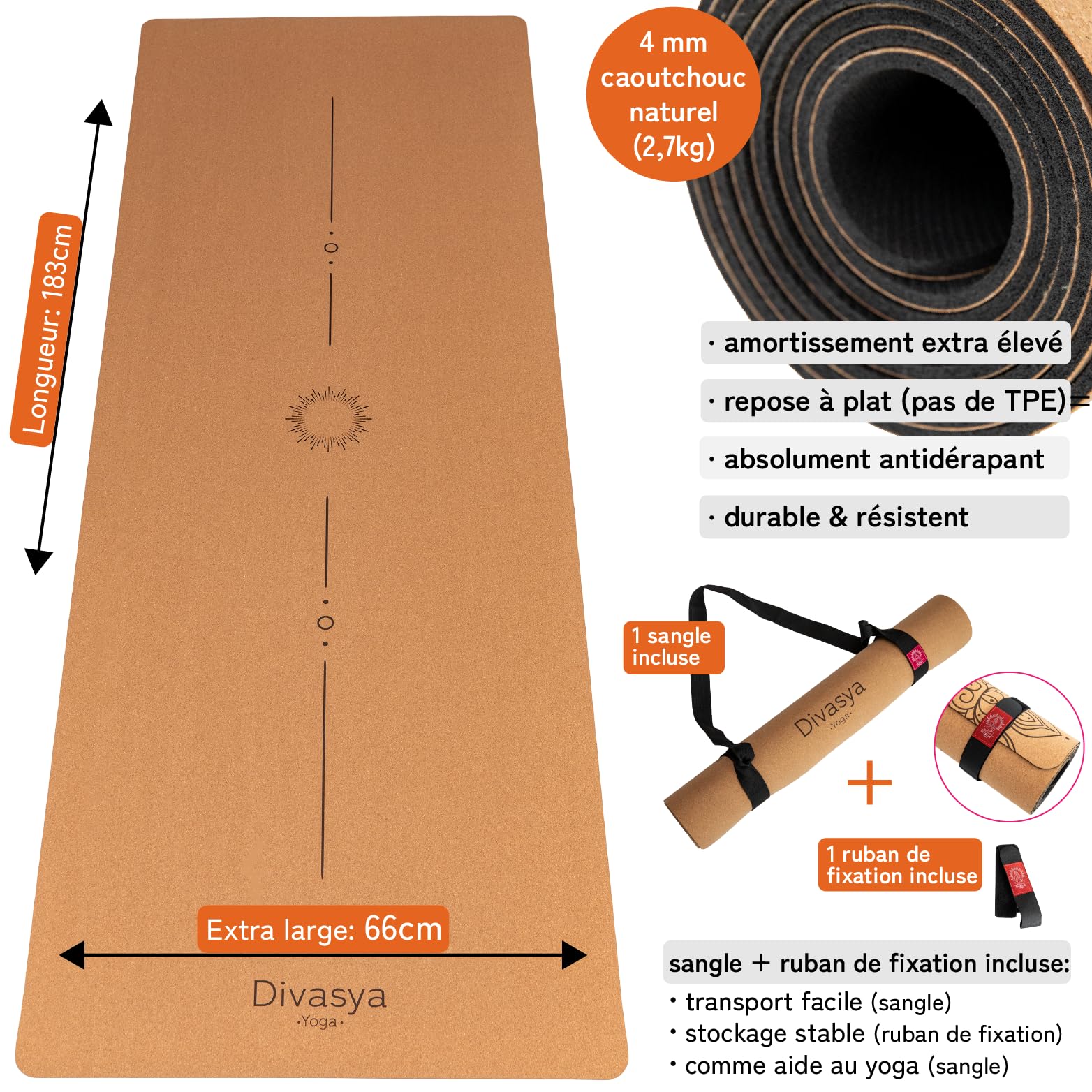 Tapis de yoga en liège antidérapant de qualité supérieure: caoutchouc naturel et liège | 100% naturel et durable | 183 x 66 x 0,4cm | Sangle de transport incluse | Tapis de yoga antidérapant