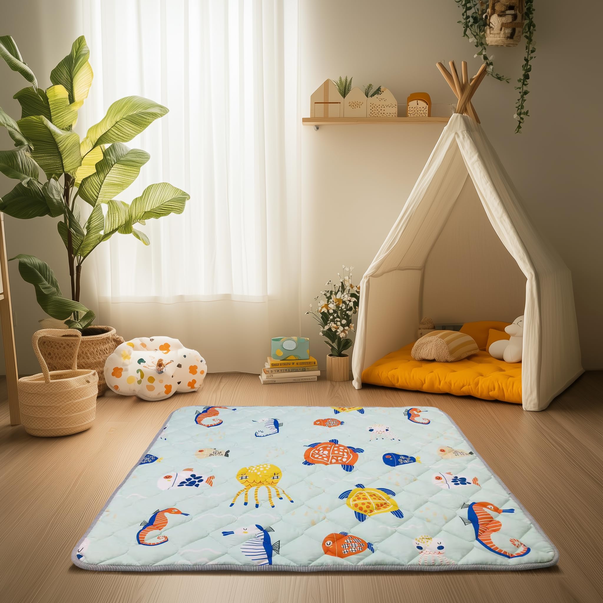 Sinhaklóho Tappeto Gioco Bambini Extra Spesso e Pieghevole, Antiscivolo, Lavabile in Lavatrice, 127×127 cm, Senza Odore, Ideale per Pavimenti e Box Neonato, Meraviglie Marine