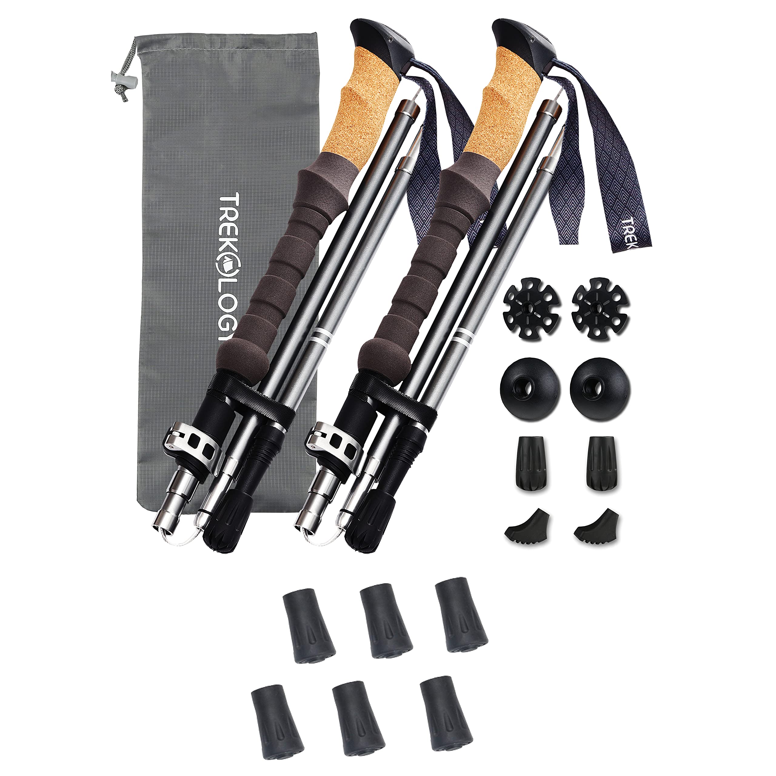 Bundle 2 pc Trekking Hiking Poles / 6 pc Replacement Rubber Tips