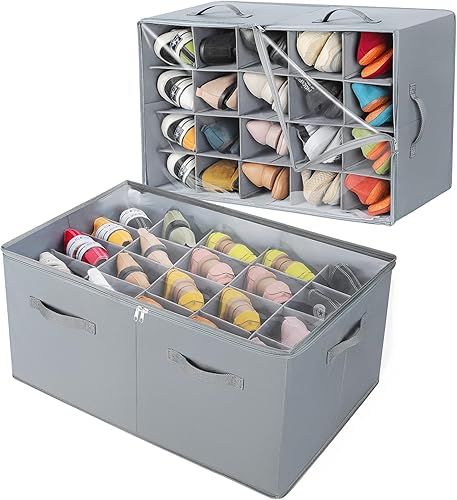 Organizador de zapatos para armario, paquete de 2, caja de zapatos plegable con divisores ajustables y cubierta transparente, armario organizador de