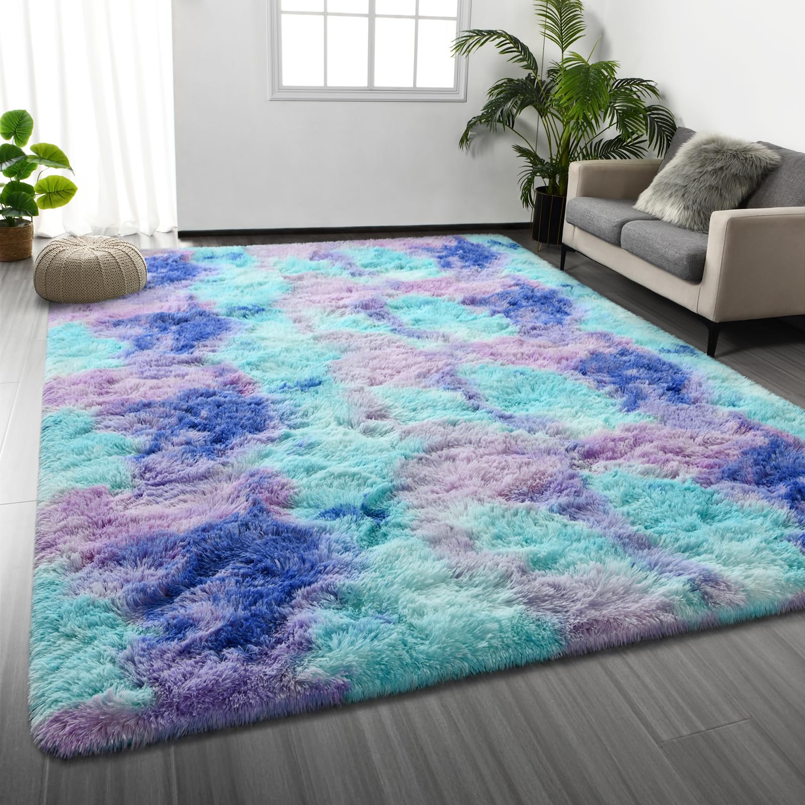 Deerhoo Shag Area Rug, 4 X 6 Tie-Dyed Plush Fuzzy Rugs for Living Room, Ultra Soft Fluffy Furry Rug for Bedroom, Indoor Carpet Nursery Rugs for Kids