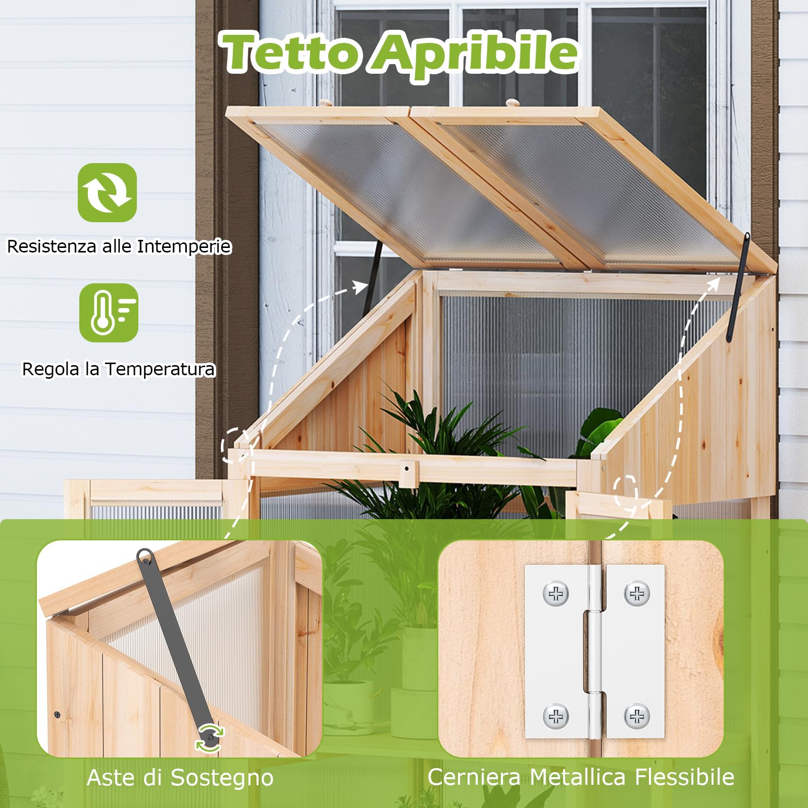 COSTWAY Serra da Balcone, Serra in Legno con Ripiano Fiori Rialzato, Tetto Trasparente Apribile, Porta Bloccabile e Ripiani Rimovibili, per Giardino e Cortile, 69 x 58 x 121 cm
