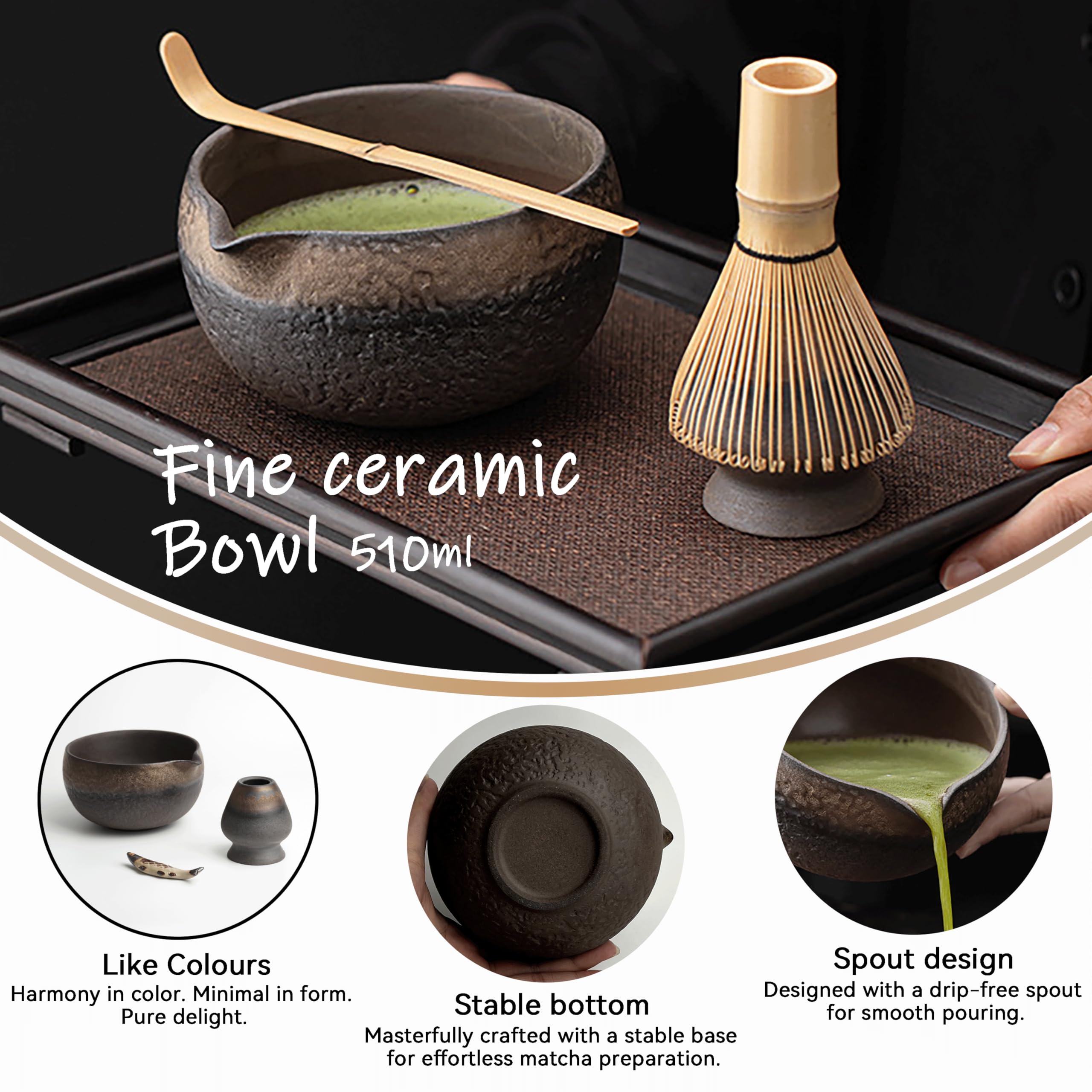 Set Matcha et Bol (8 pièces), Set de Thé Matcha Brun et Fouet en Bambou Artisanal (Chasen) pour Amateurs de Thé