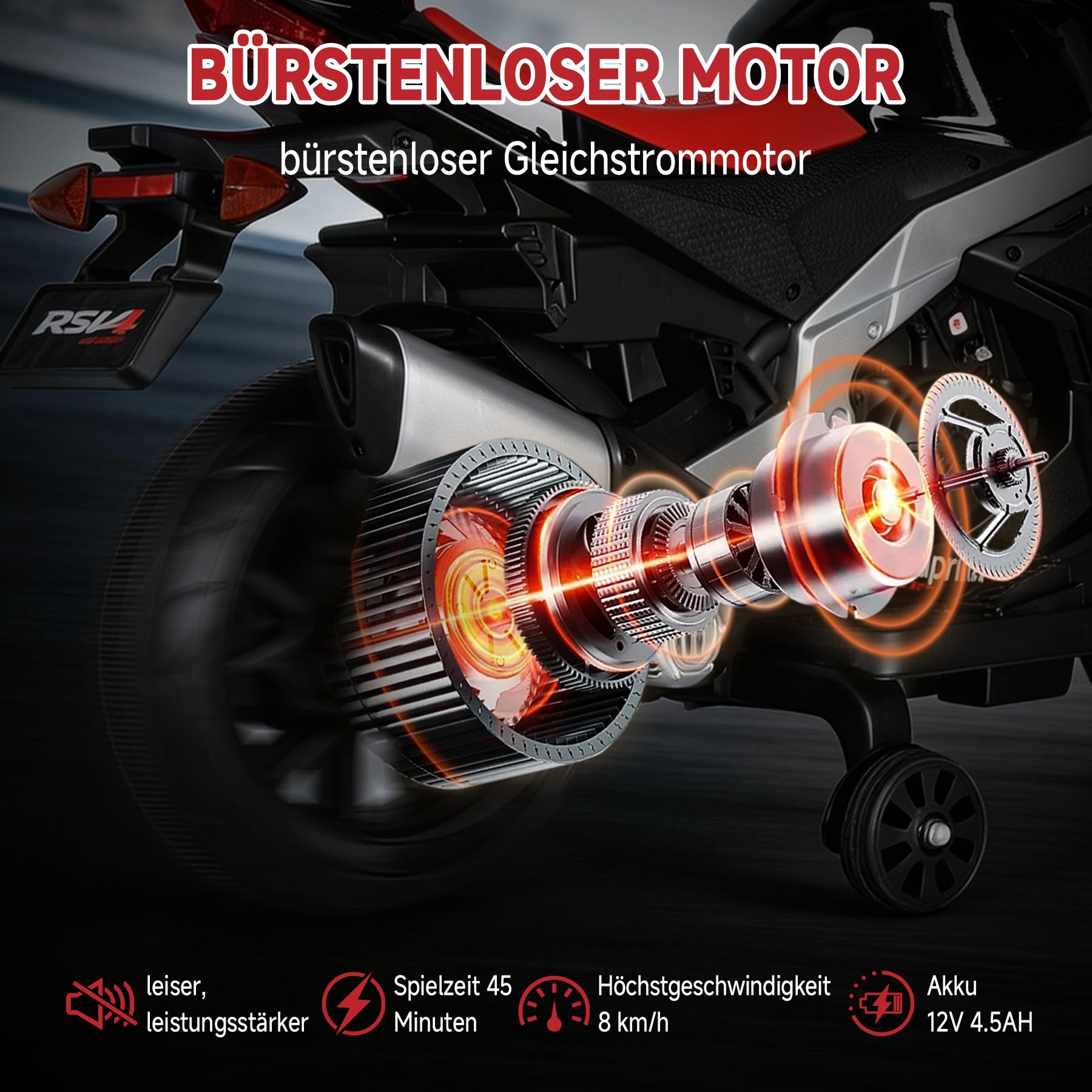 Kinder Motorrad Elektrisch mit 12V Akku, Kinder Motorrad Led Licht, Elektro Motorrad Kinder Bluetooth, USB, Fernbedienung, 3–8 km/h, bis zu 45 Min, Schwarz