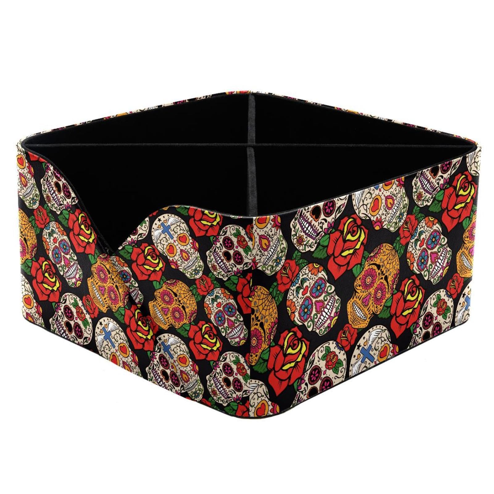 KengjuTesu Mexican Sugar Skull with Rose Day of the Dead Pattern Desktop Organizer Pen Holder, Rectangular Pencil Cup for Office, Study and Makeup Stations