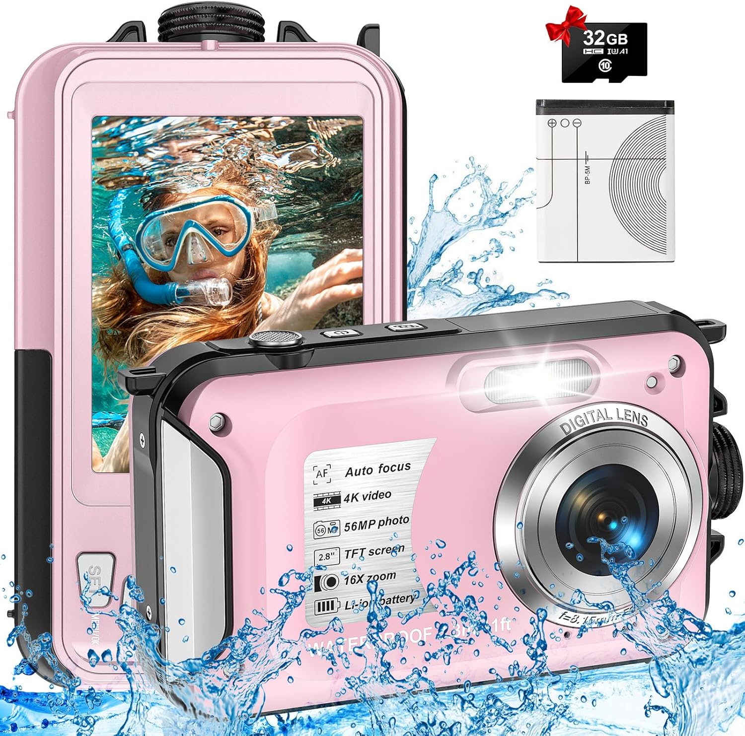 4K Waterproof Camera with 32GB Card – 56MP Underwater Digital Camera