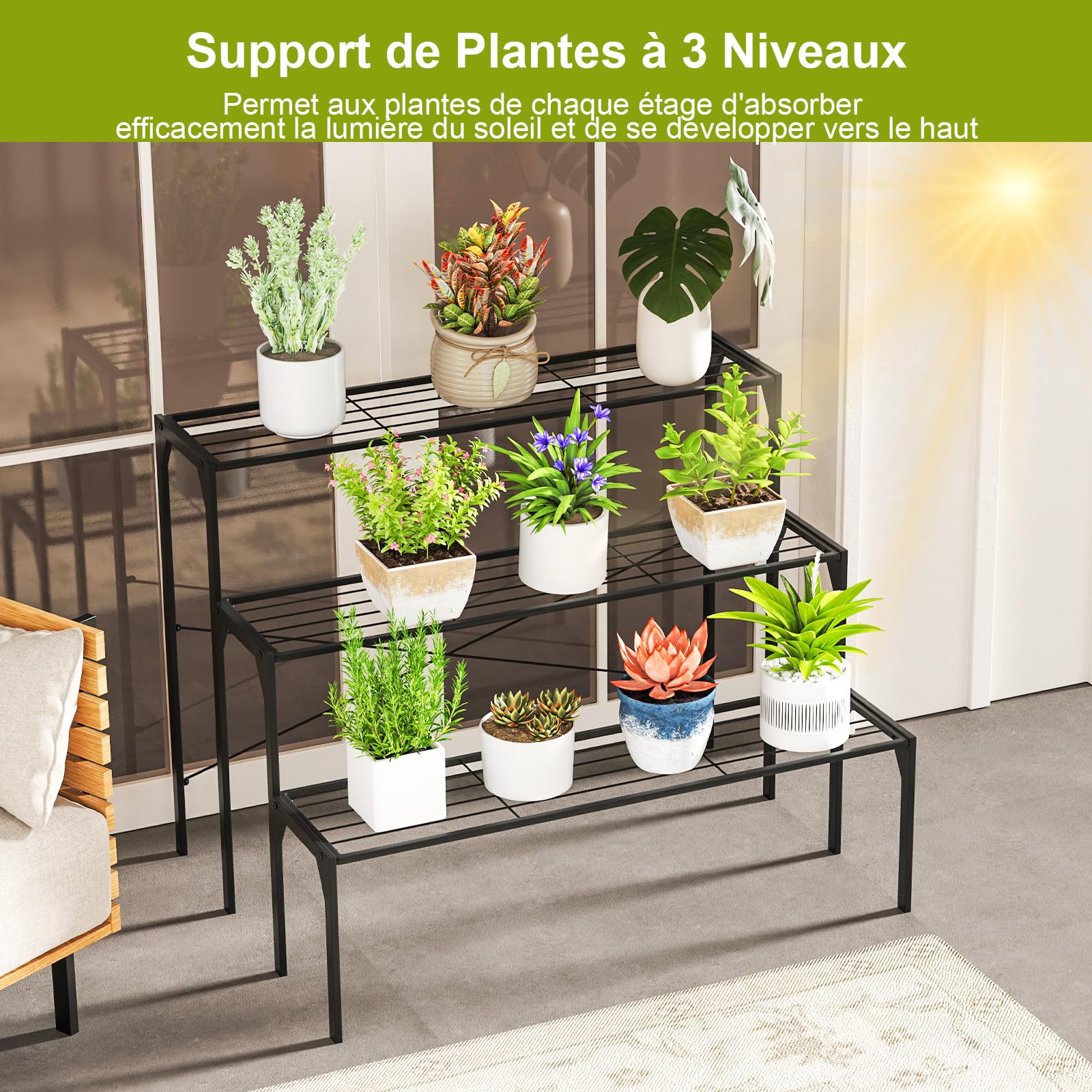 COSTWAY Support de Plantes en Métal à 3 Niveaux, Coussinets Antidérapants | Étagère Échelle à Fleurs pour Balcons, Terrasses, Jardins et Salons, 85 x 65 x 66 cm