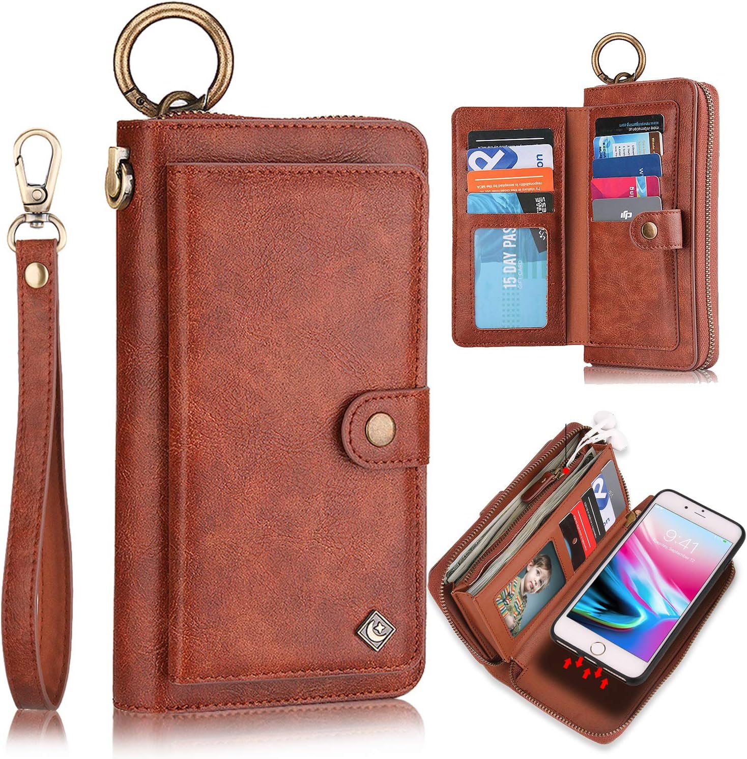 iPhone 7 Case, iPhone 8 Case, iPhone SE 2020 Wallet Case, XRPow [2 in 1] [Magnetic Detachable] Zipper Wallet Folio Case [Wrist Strap] Slim Shock Back Cover with Credit Card Purse (4.7Inch) - Brown
