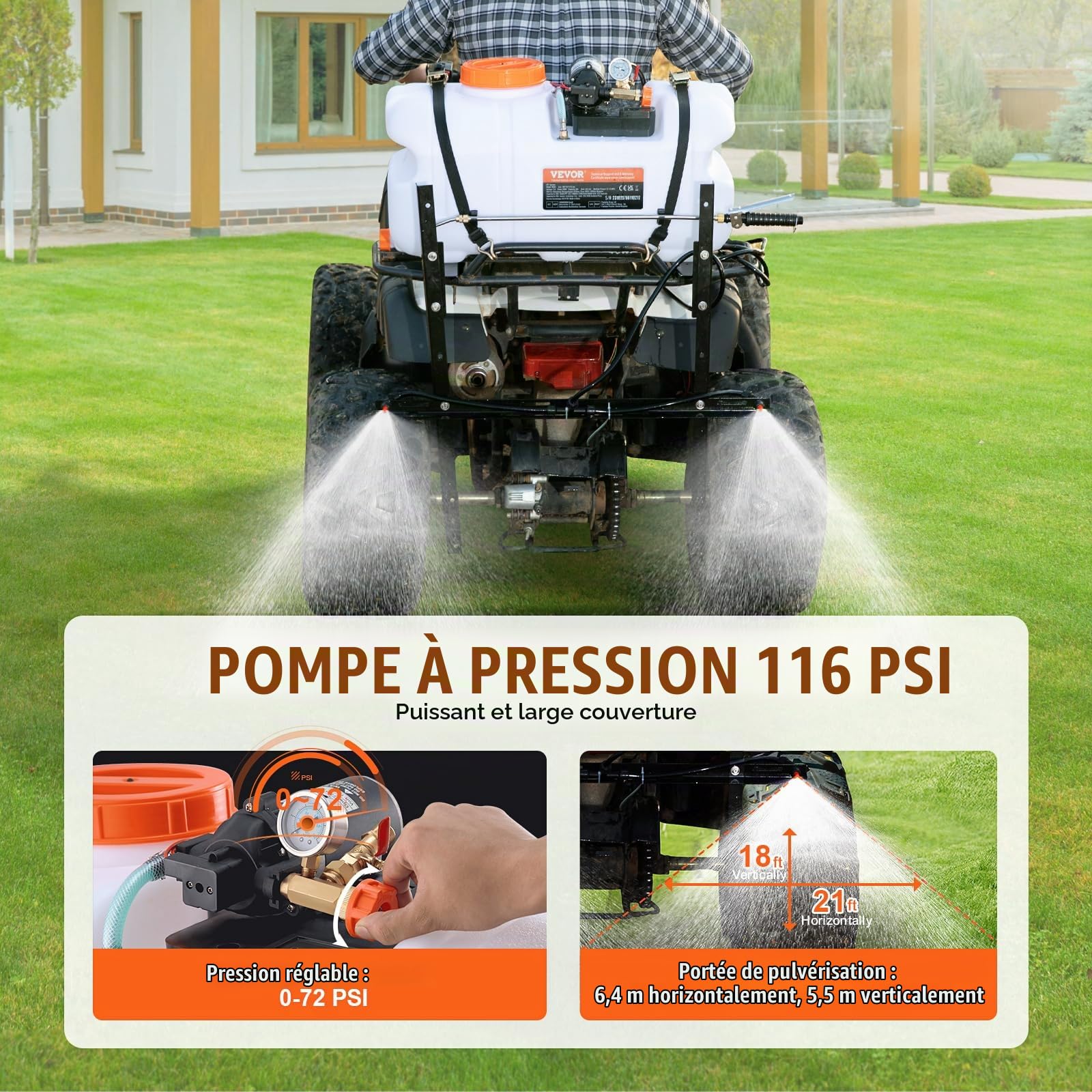 VEVOR Pulvérisateur pour VTT UTV 60 L Pulvérisateur Mauvaises Herbes Jardin à Pompe 12 V avec Réservoir d'eau, Rampe de Buses, Tuyau de 6,1 m, Débit de Pompe 7 L/Min Pression Réglable 0-72 PSI, Blanc