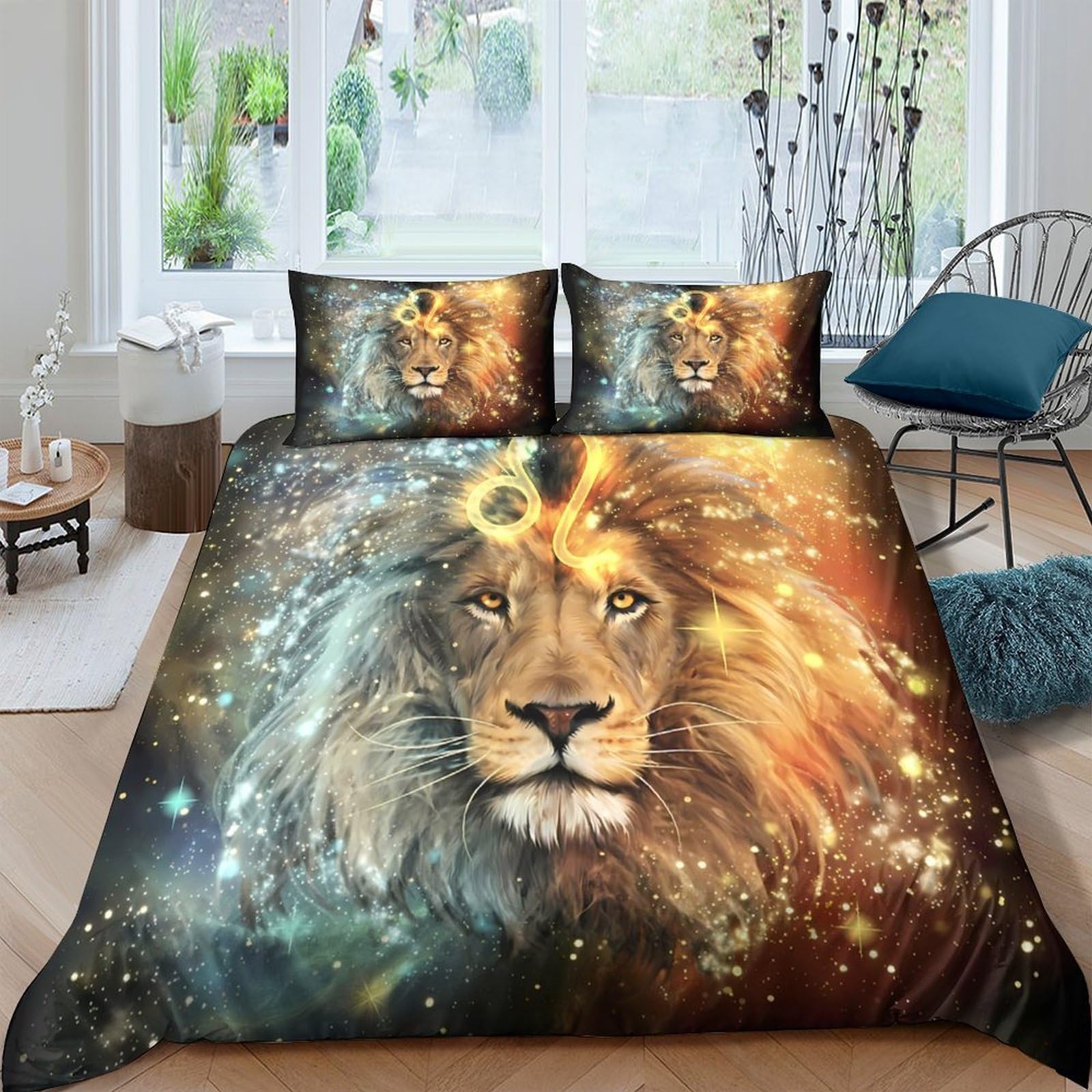 3D Printed Lion Fire Duvet Cover Microfiber Soft Breathable Galaxy Bedding Set with 2 Pillowcases for Bedroom Decor Single（135x200cm）
