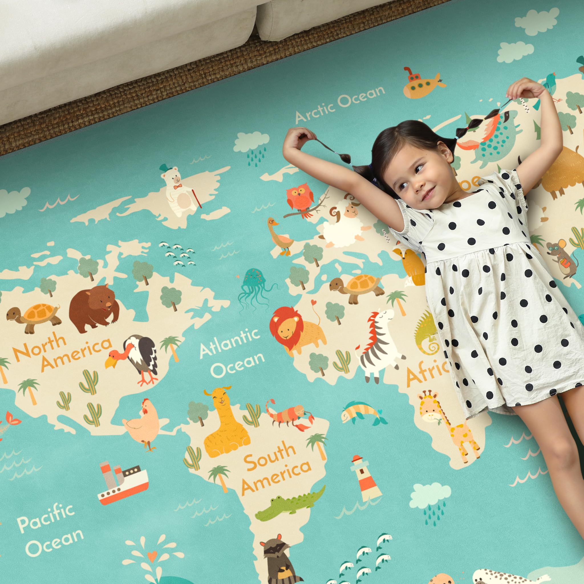 Alfombra lavable para sala de juegos para niños, alfombra de juego de 5 x 7 pies para niños en edad preescolar, bebé, educativa con lindos animales, antideslizante, resistente a las manchas, suave y 2