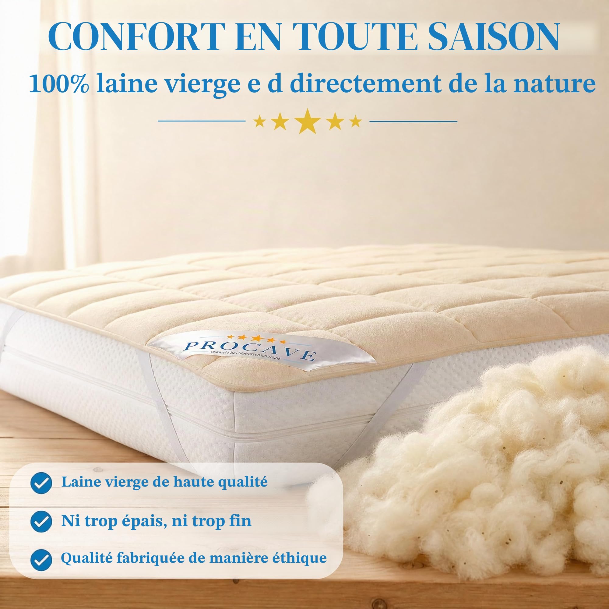 PROCAVE sur-Matelas en Laine Vierge, protège-Matelas Respirant, Housse pour Matelas doté de 4 Coins élastiqués, alèse 160x200 cm