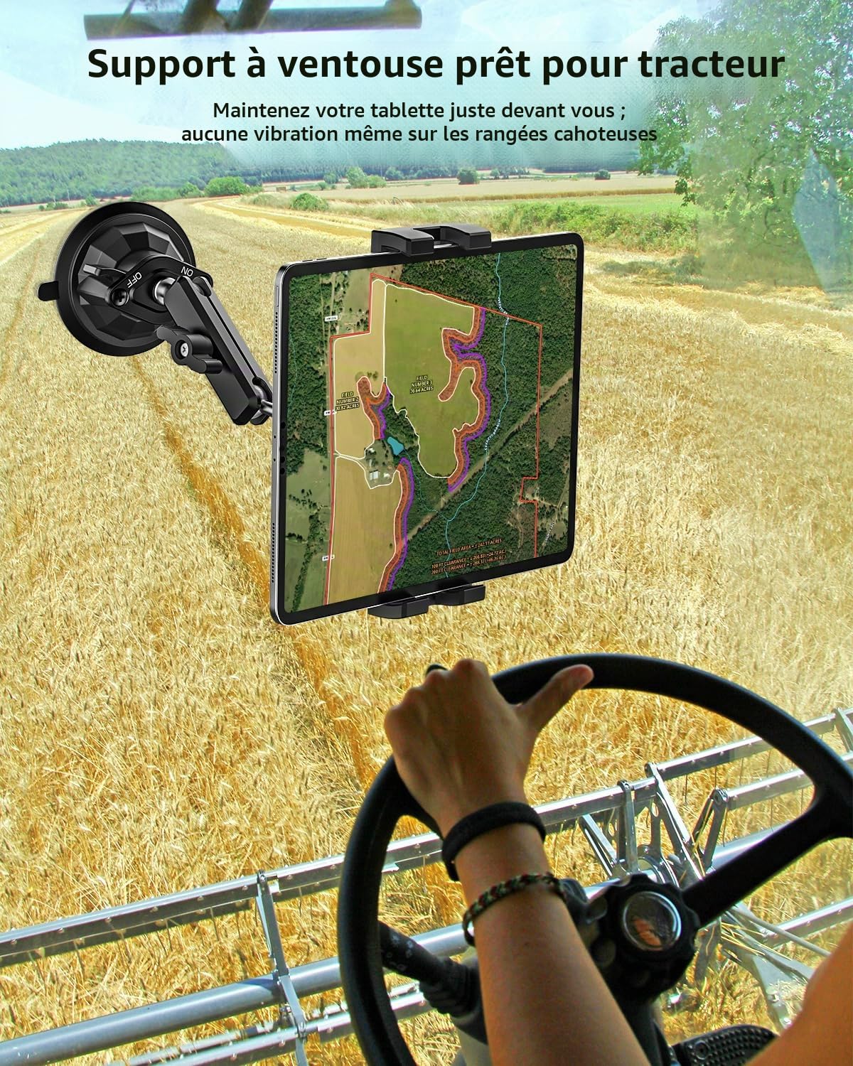 Support Tablette Tracteur avec Ventouse Puissante pour Tablettes Téléphones | Fixation Pare-Brise Tableau de Bord Fenêtre - Robuste Support Tablette Voiture Vehicule avec Bras Flexible en Aluminium