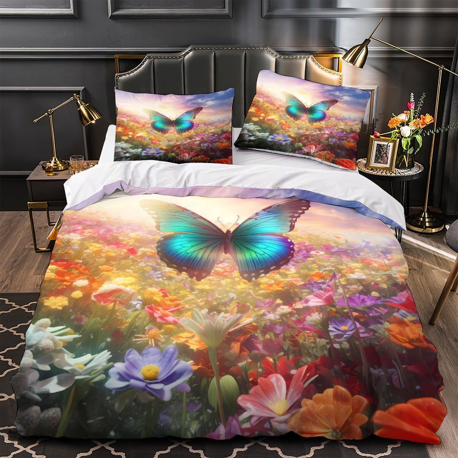 Housse de couette papillon 135x200cm avec taie lit simple imprimé 3D floral vibrant microfibre