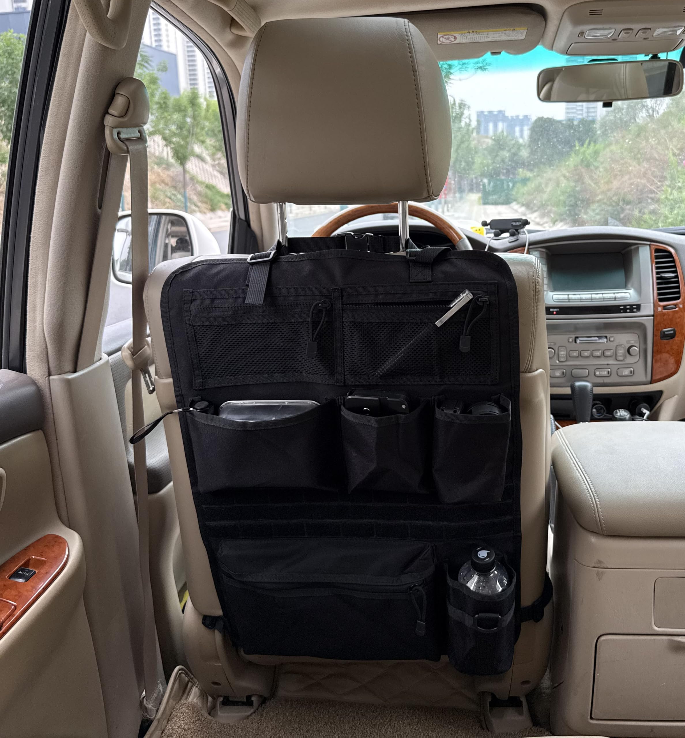 Taktischer Autositz Organizer 42x62cm mit MOLLE-System, Netztaschen, Becherhalter - Schwarz