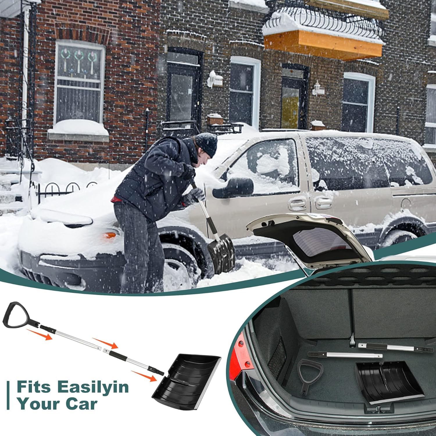Pelle a Neige, réglable Portable Grande capacité,Profil en Aluminium Bord de Glissement, Conception Amovible,poignée en D pour la Conduite de Voiture de Jardin et Le Camping en Plein air