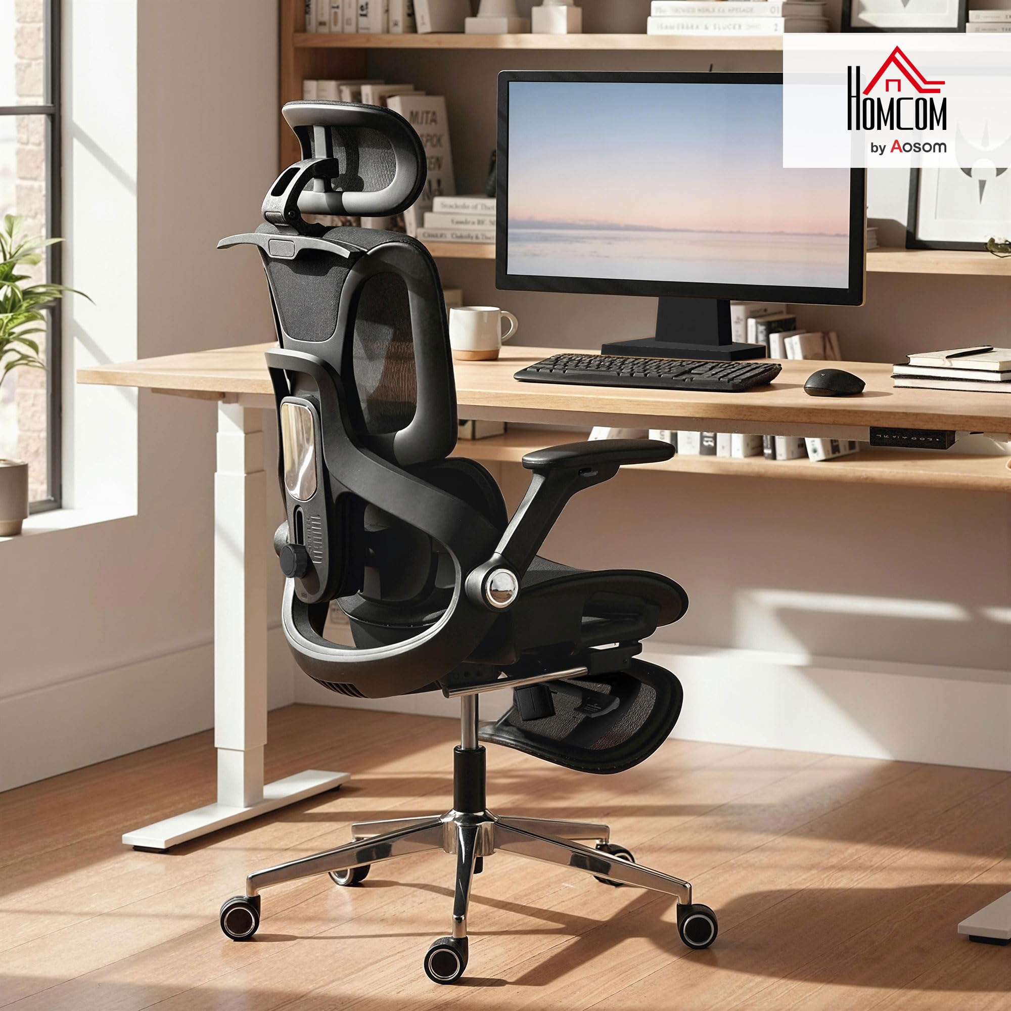 HOMCOM Silla de Escritorio Ergonómica con Reposapiés, Malla Transpirable | Silla de Oficina Giratoria, Respaldo Reclinable y Alto, Soporte Lumbar, Reposacabezas Ajustable, Reposabrazos 4D, Ruedas
