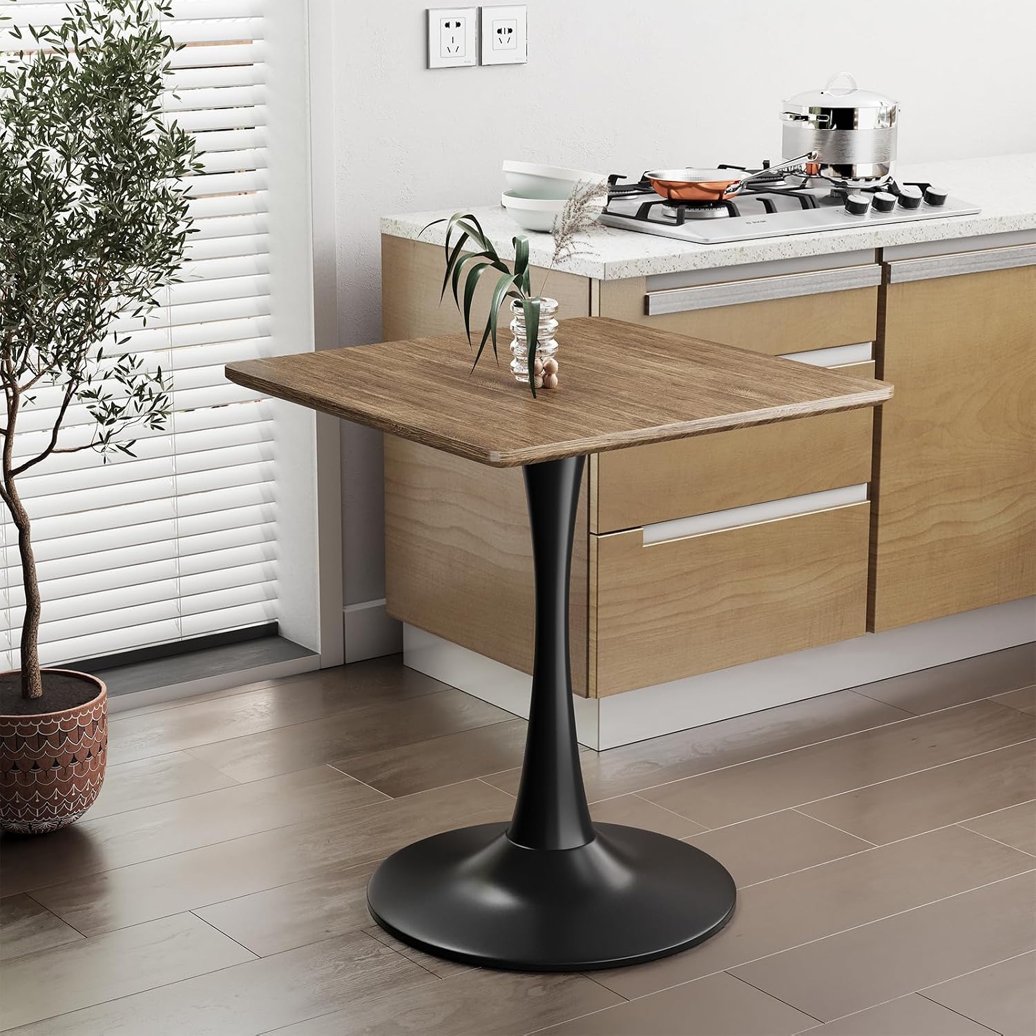 Walnut Square Tulip Table for 2, 24 Inch Small Dining Table with Pedestal