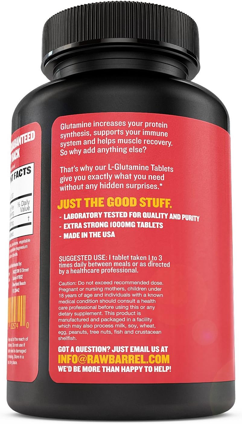 Glutamine Tablets - Pure, Non GMO, with Natural Ingredients, Soy and Caffeine Free - 120 L-Glutamine Pills at 1000mg - Amino Acid Supplement - by Raw Barrel : Health & Household