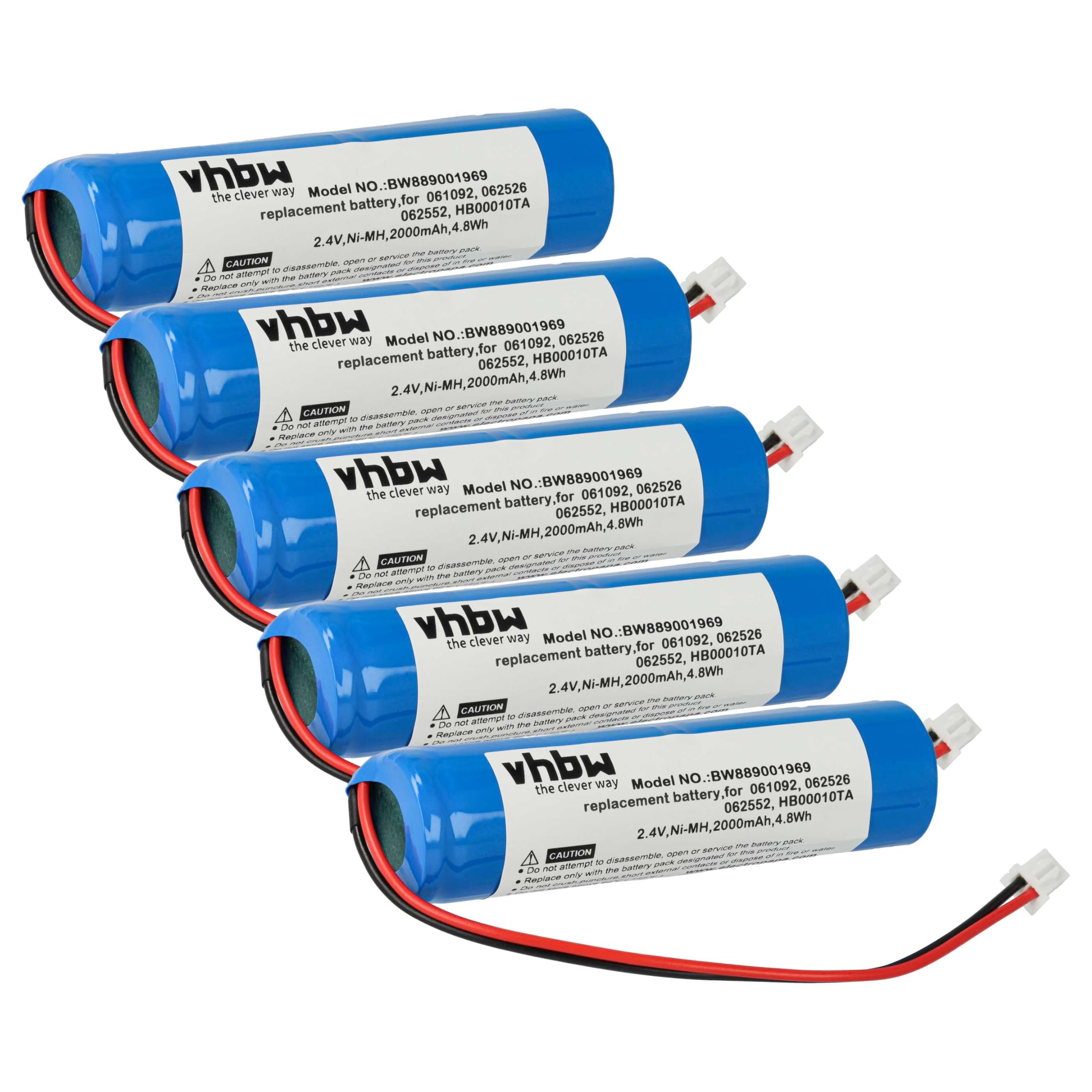 vhbw 5X Batterie Compatible avec Legrand BAEH IP66 ECO1, BAPI, Baes, URA, DBR IP66 ECO1 éclairage d'issue de Secours (2000mAh, 2,4V, NiMH)