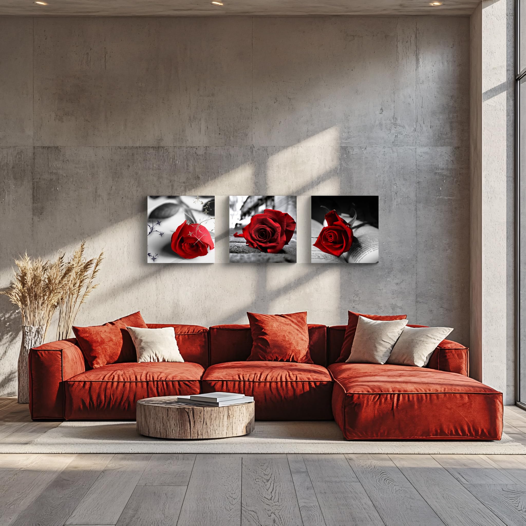 NAN Wind Lienzo impreso en lienzo de 3 piezas en blanco y negro, rojo, rosa, para decoración del hogar, estirado y enmarcado (16 x 16 x 3 unidades, A-Rose)