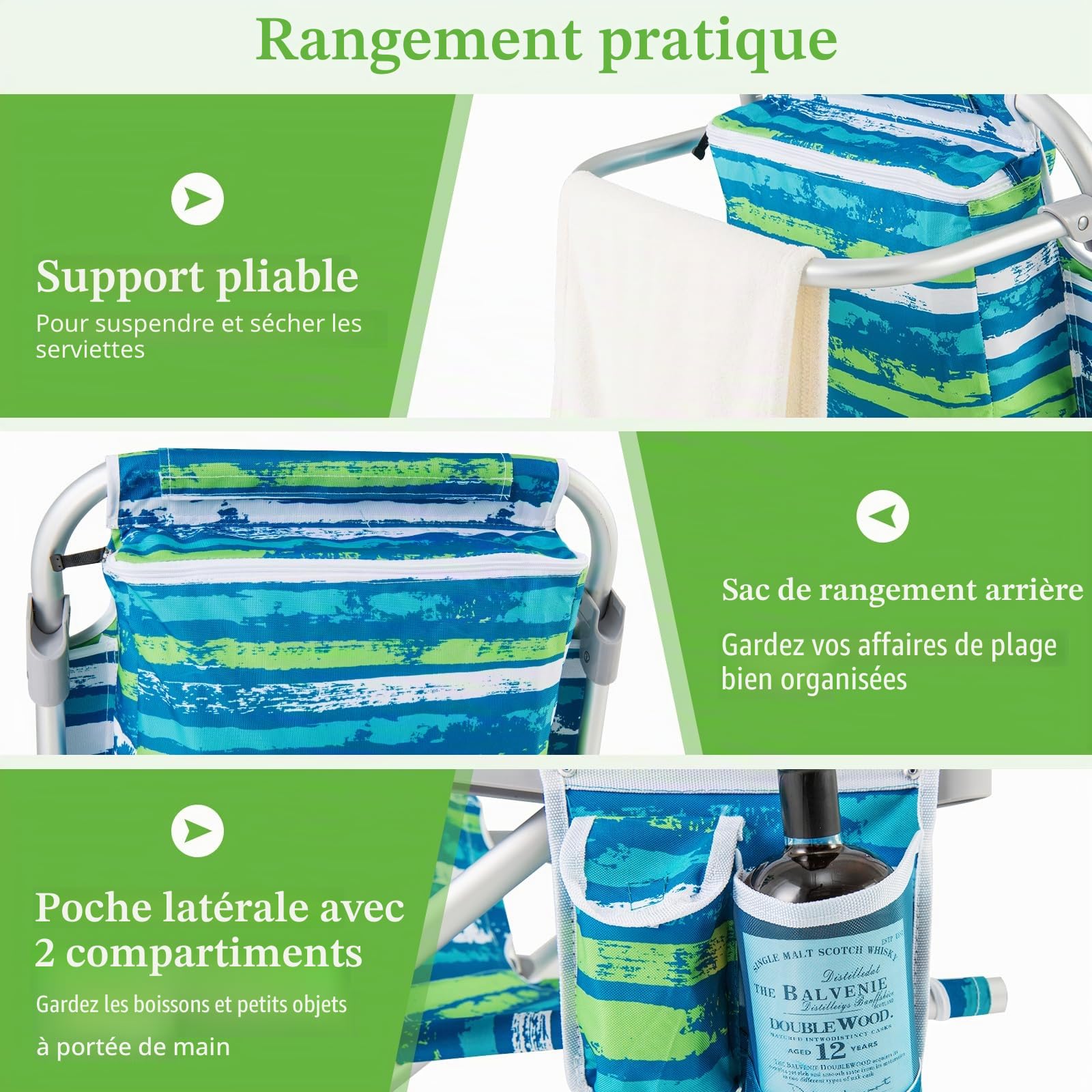 GIANTEX Chaise de Plage Pliable avec Sac à Dos, Chaise de Camping en Aluminium, Dossier Réglable en 5 Positions, Poches de Rangement, Appuie-tête Amovible (65 x 66 x 78 cm,Bleu + Vert,1)