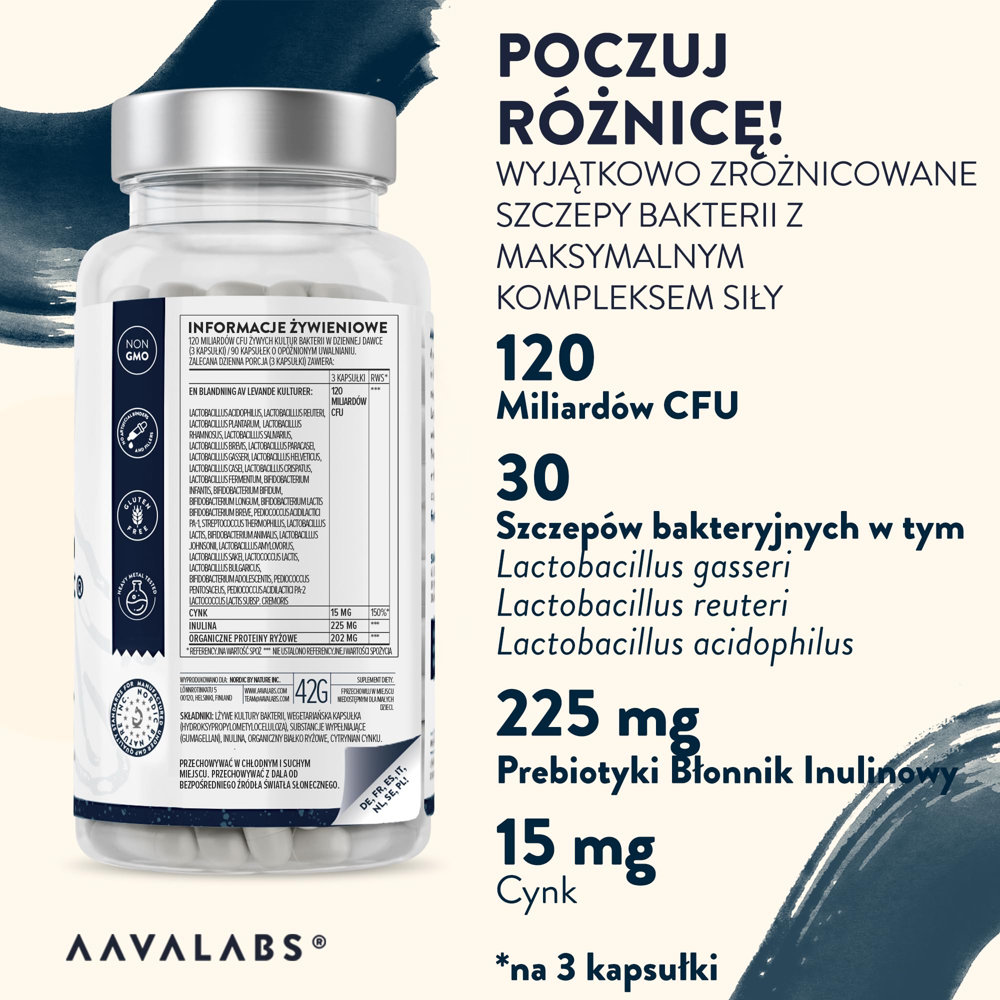 Biokompleks 120 miliardów CFU i 30 Szczepów Dobrych Bakterii (Lactobacillus Acidophilus i Bifidobacterium) w Jednej Porcji - 90 Kapsułek - Produkt Testowany Przez Firmę Zewnętrzną | Probiotyki z Lactobacillus Gasseri, Lactobacillus Reuteri, Lactobacillus