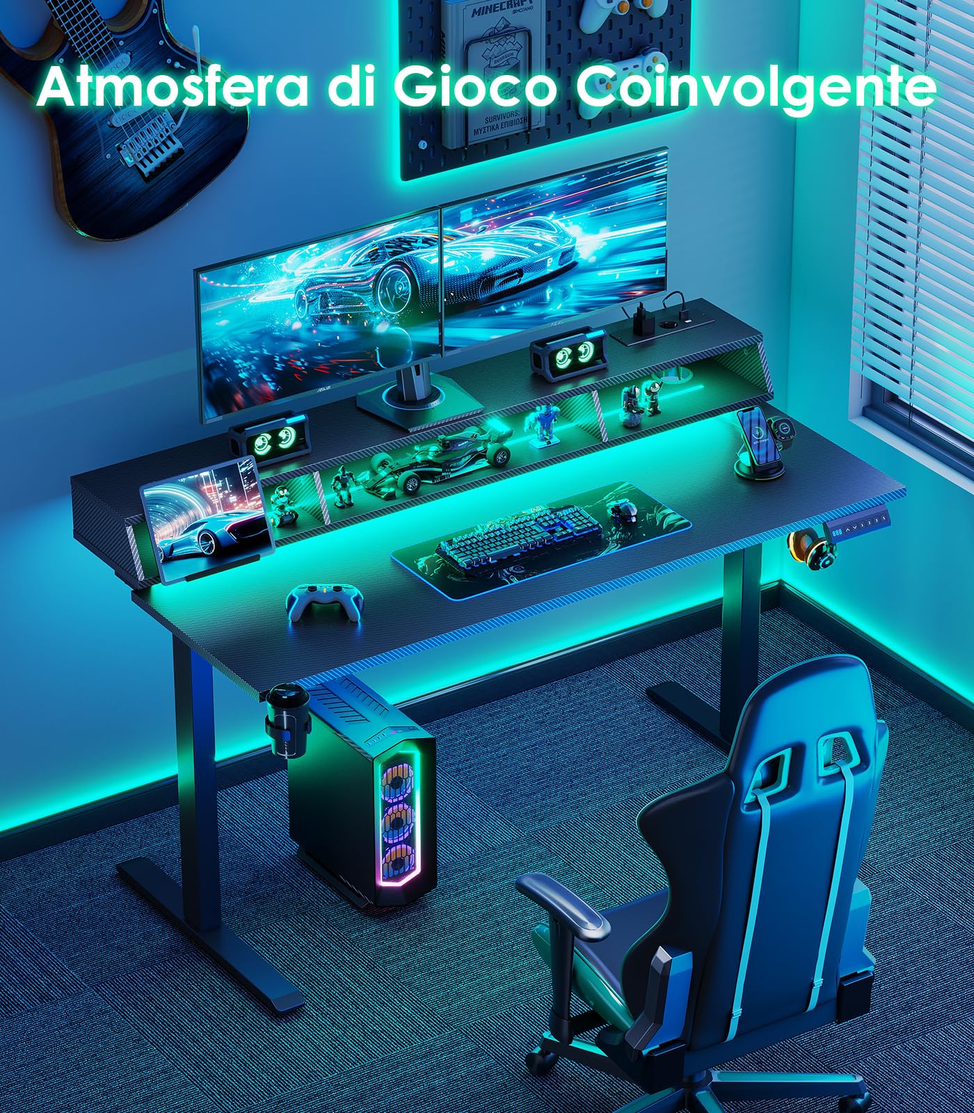 OffiGo Scrivania Regolabile in Altezza con LED RGB, 140×60 cm, Nero | Scrivania elettrica gaming con porte USB, Scrivania motorizzata con 3 memorie, Scrivania regolabile per home office