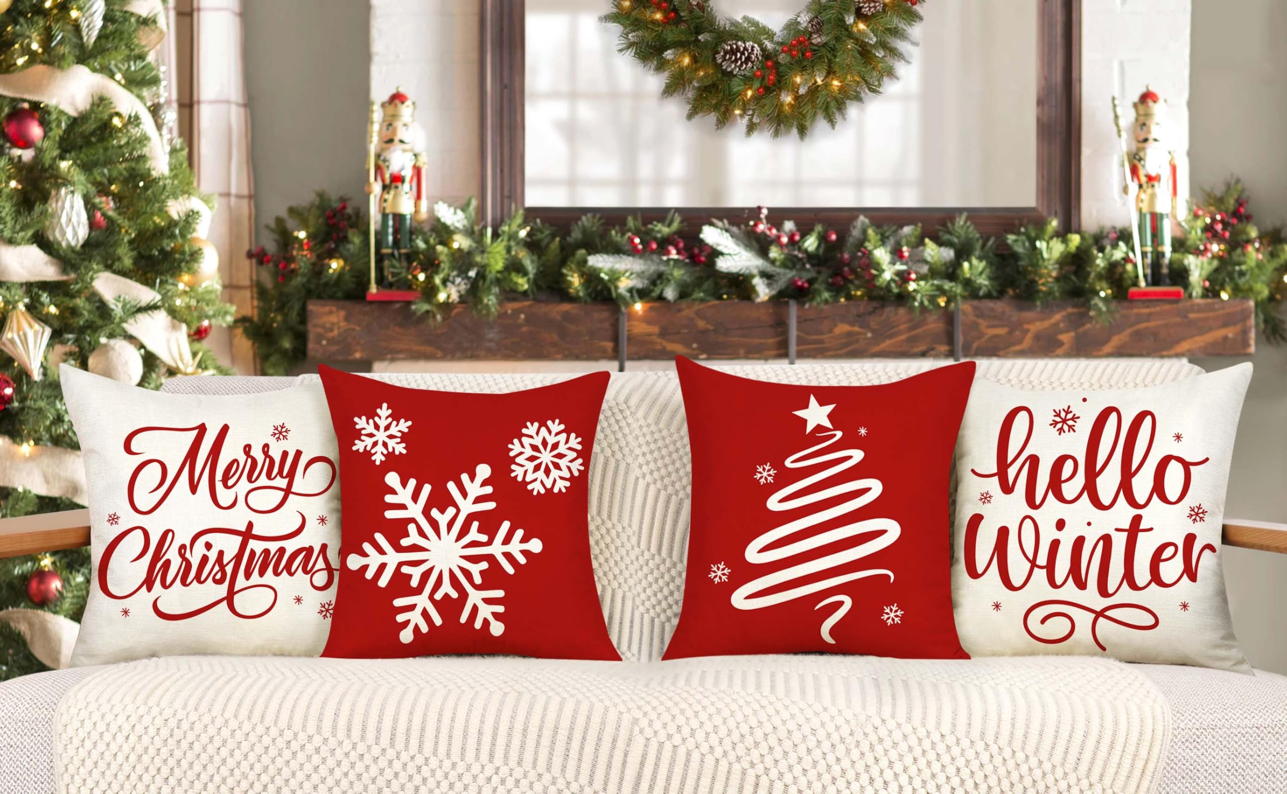 4TH Emotion Red Christmas Pillow Covers 18x18 Set of 4 Farmhouse Xmas Decorations Snowflake Hello Winter Holiday Decor Throw Cushion Case for Home Couch S24C17 1