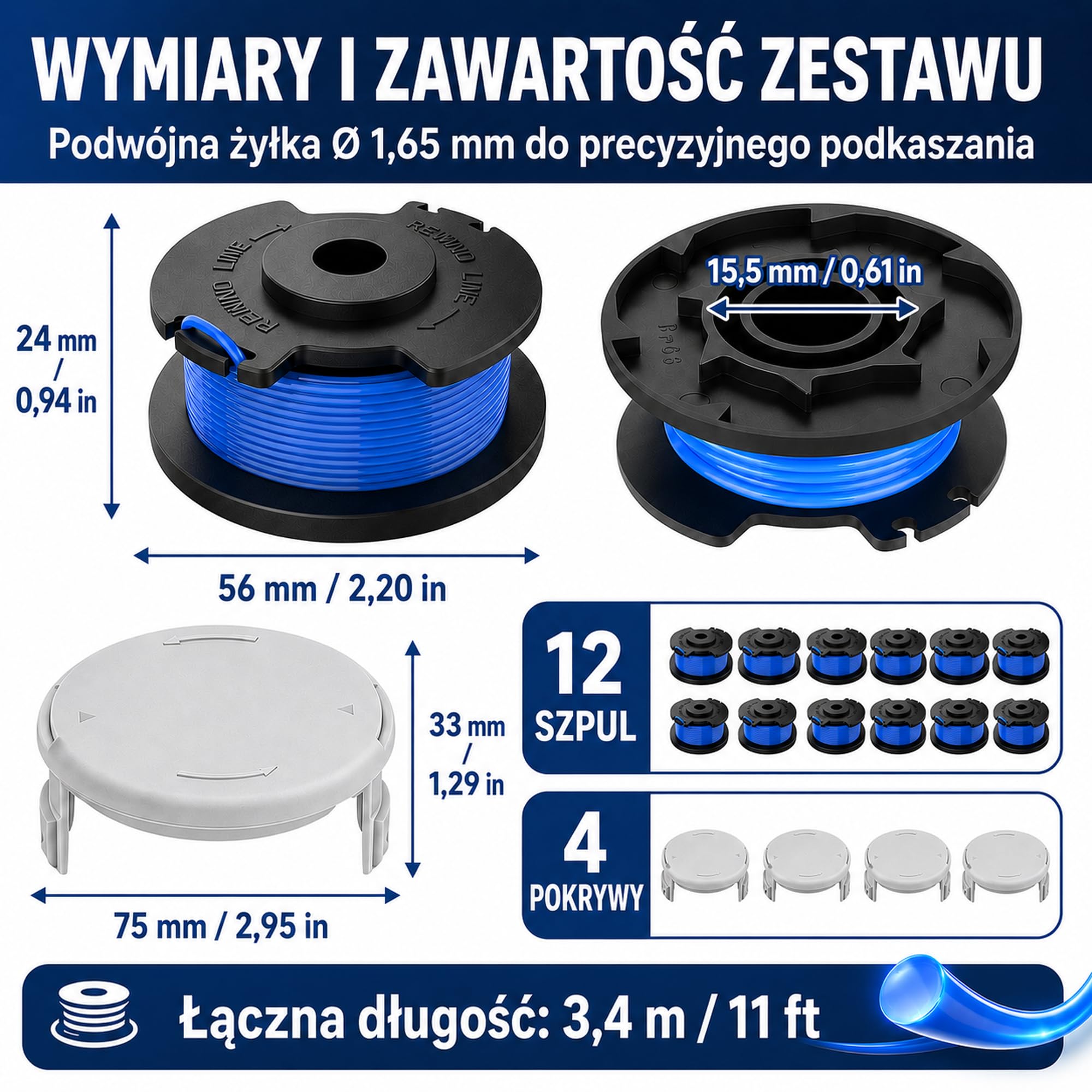 12 x szpula do podkaszarki + 4 x nasadka do Ryobi One+ 18 V, 24 V, 40 V, zapasowa szpula żyłki AC14RL3A, kompatybilna z podkaszarką do trawy Ryobi, nylon Ø 1,65 mm, długość 3,35 m