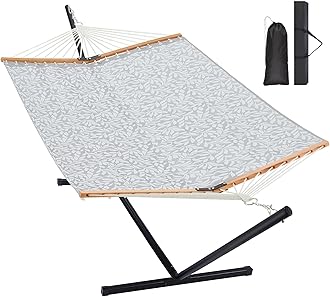 Two Person Hammock with Stand for Outside Heavy Duty, Outdoor Patio Hammock with Portable Steel Stand, Large Double Hammocks with Quick Dry Textilene Fabric,480lbs Capacity.(Grey White)
