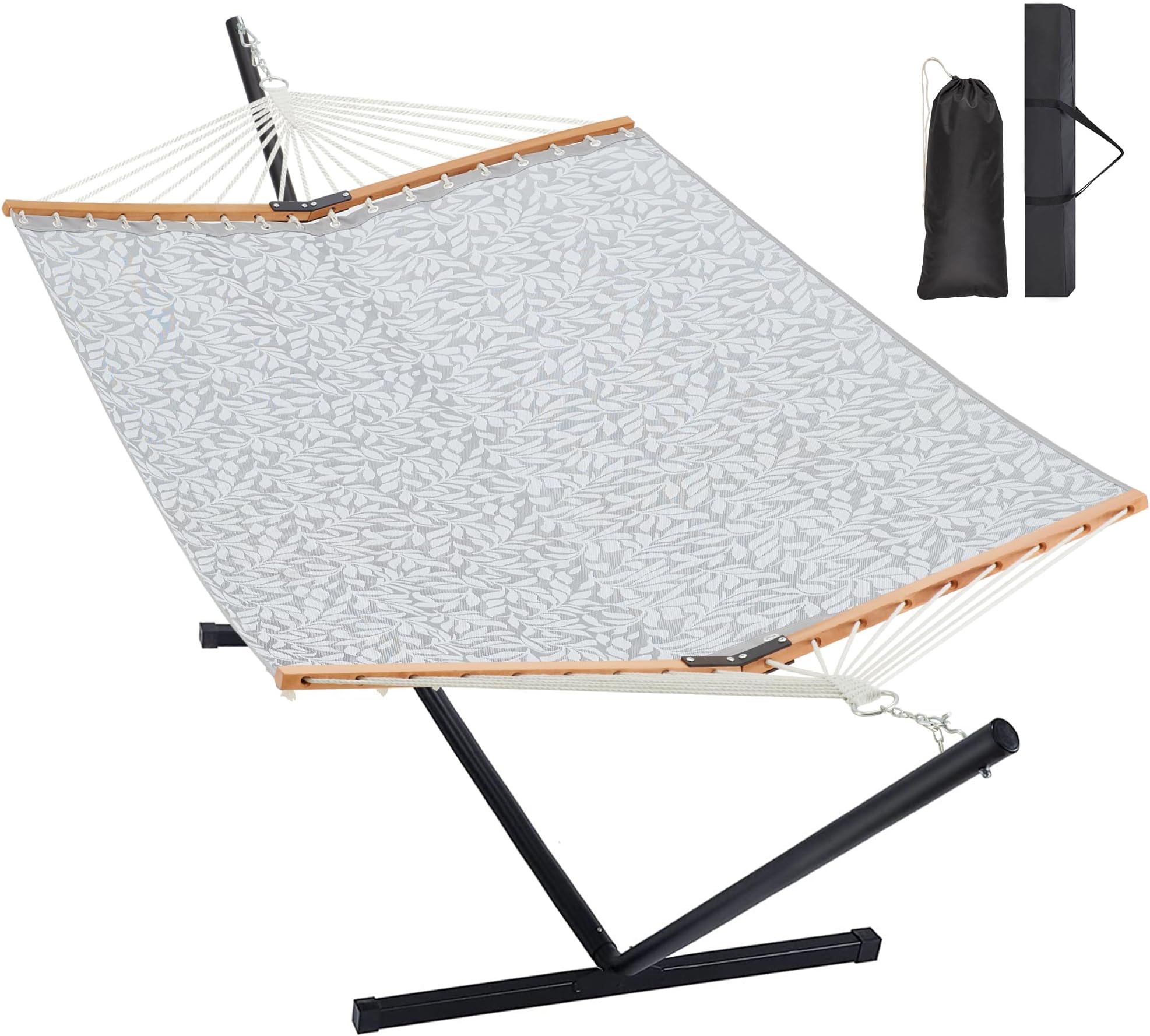 Two Person Hammock with Stand for Outside Heavy Duty, Outdoor Patio Hammock with Portable Steel Stand, Large Double Hammocks with Quick Dry Textilene Fabric,480lbs Capacity.(Grey White)