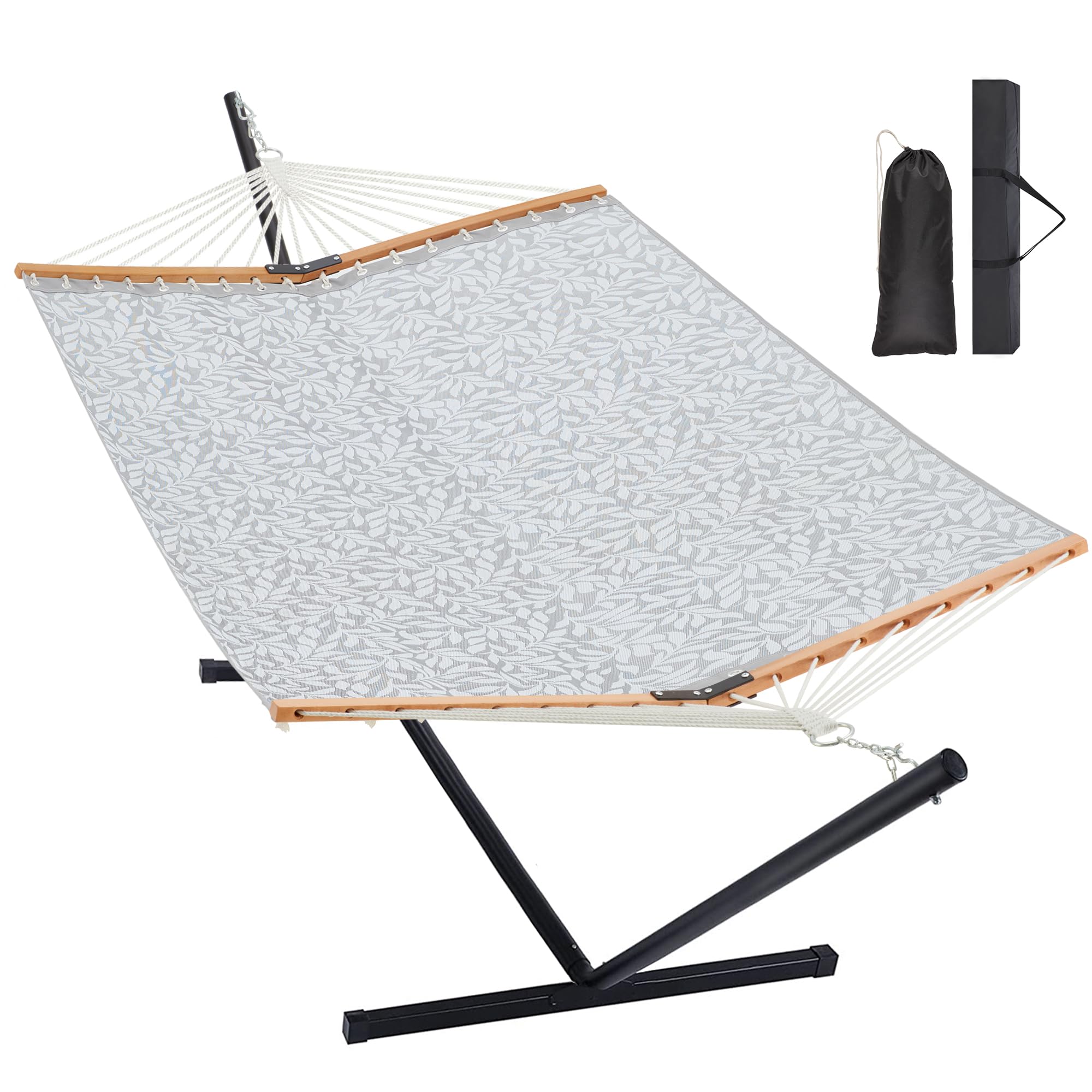 Two Person Hammock with Stand for Outside Heavy Duty, Outdoor Patio Hammock with Portable Steel Stand, Large Double Hammocks with Quick Dry Textilene Fabric,480lbs Capacity.(Grey White)