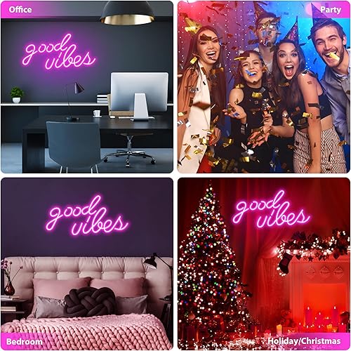 Vista 6 de Letrero de neón Pink Good Vibes – Luces de neón para dormitorio, letreros de neón LED para decoración de pared (16.1 x 8.3 pulgadas)
