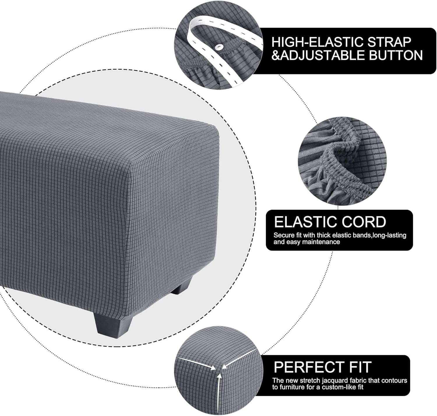 Stretch Indoor Ottoman Slipcover Jacquard Rectangle Footstool Cover Dark Gray X-Large