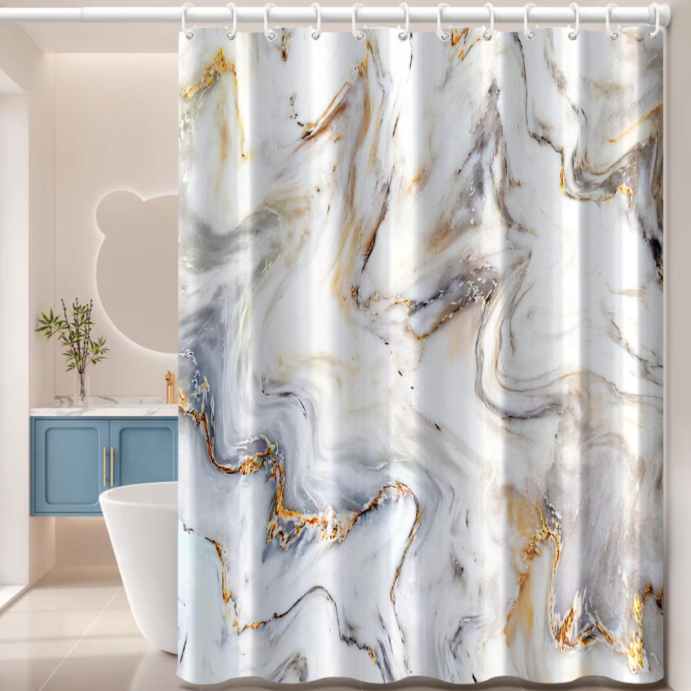 Pelizen Marbling Shower Curtain Mould Proof Mildew Resistant Curtains 100% Polyester Marble Shower Curtains Waterproof Bathroom Shower Curtain With 12 Hooks, 180 X 180 Cm