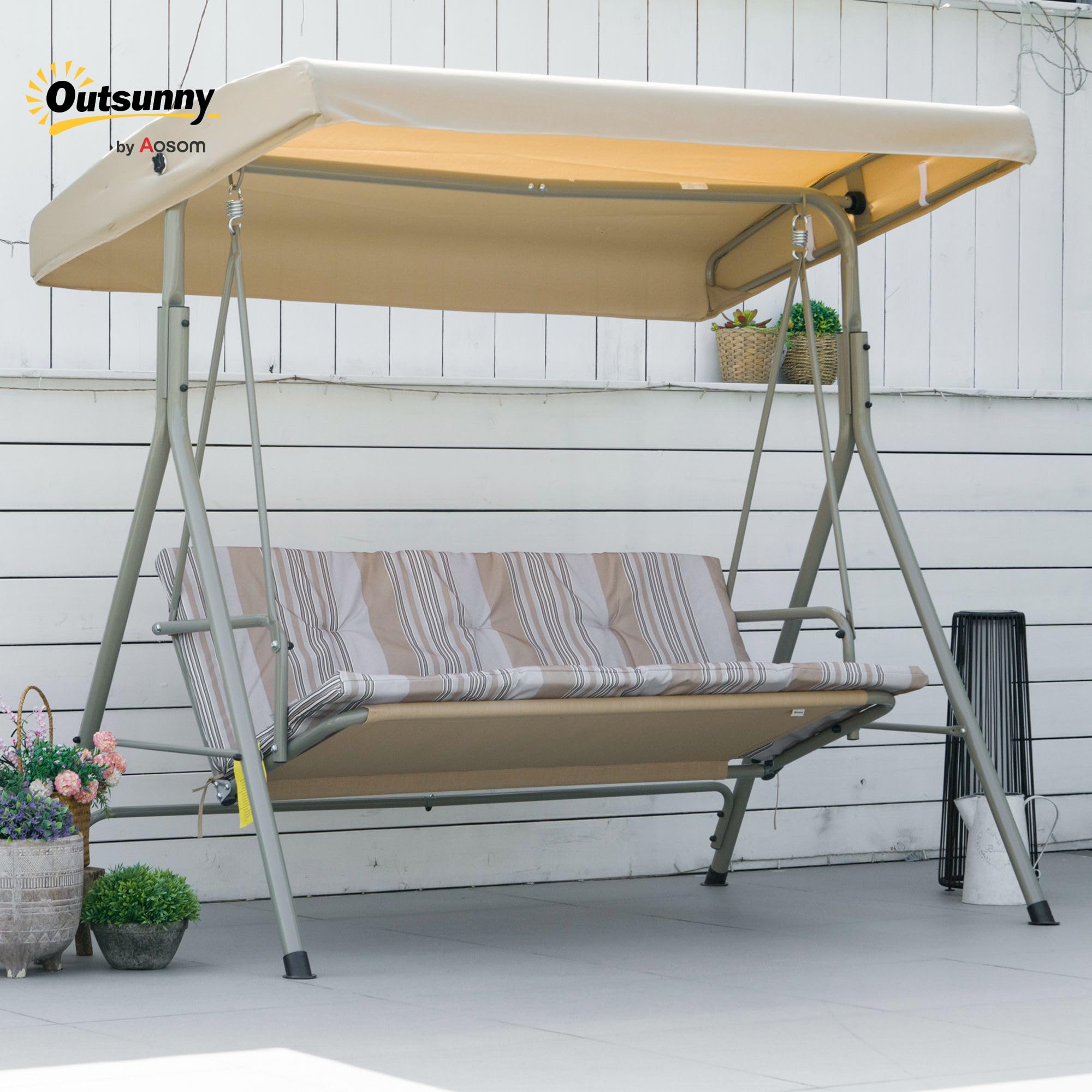 Outsunny Columpio de Jardín Exterior de 3 Plazas, Balancín de Jardín Exterior con Techo Ajustable y Marco de Acero, para Balcón, Terraza, Patio, Carga 210 kg, 172x110x156 cm, Marrón Claro