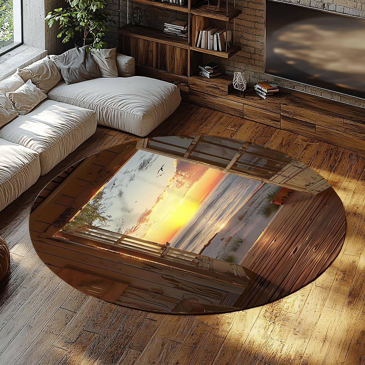 Tapis lavables pour salon anti-tache vue sur l'océan à poils bas