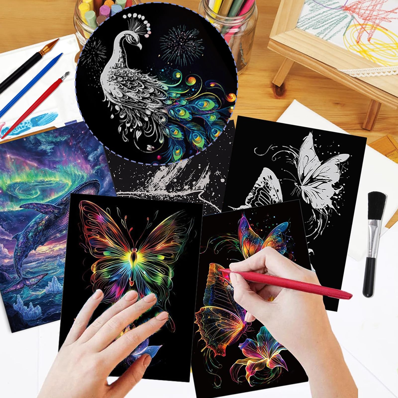 XIATIAN 8 Pièces Papier à Gratter Arc-en-Ciel Lumineux pour Adulte, Dessin, Peinture, Décoration