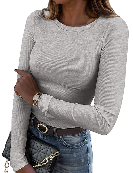 Zeagoo Womens Long Sleeve Stretch Crewneck Ribbed T-Shirt Slim Fit Casual Basic Tops S-XXL