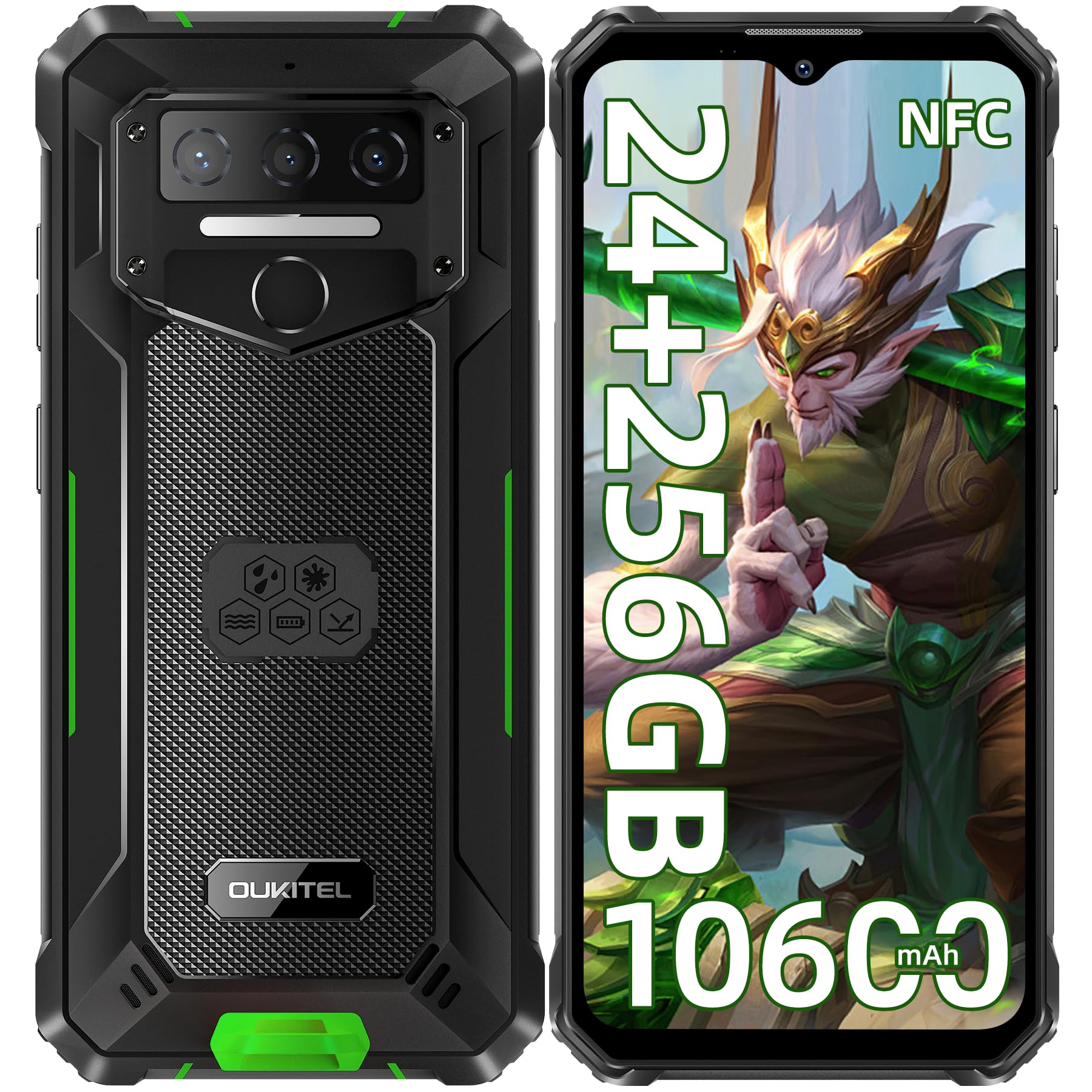 OUKITEL WP23 Plus Rugged Smartphone 2025, 24GB+256GB/1TB Telefono Indistruttibile, 10600mAh Smartphone Rugged, 6.52" HD Rugged Phone, Octa-Core Telefono Rugged, Dual SIM/NFC/Fingerprint/GPS/OTG, Verde