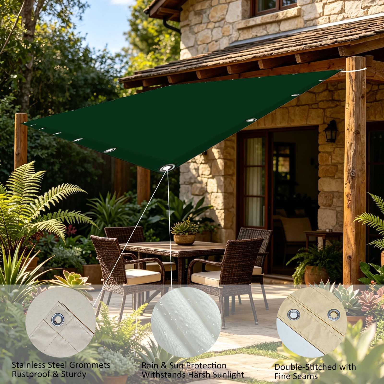 Vela Parasole 225 x 205 cm Protezione UV con Fune e Occhiellato Telo Parasole Impermeabile Esterno Vela Ombreggiante Rettangolare per Patio, Feste, Attività All'Aperto, Verde Scuro