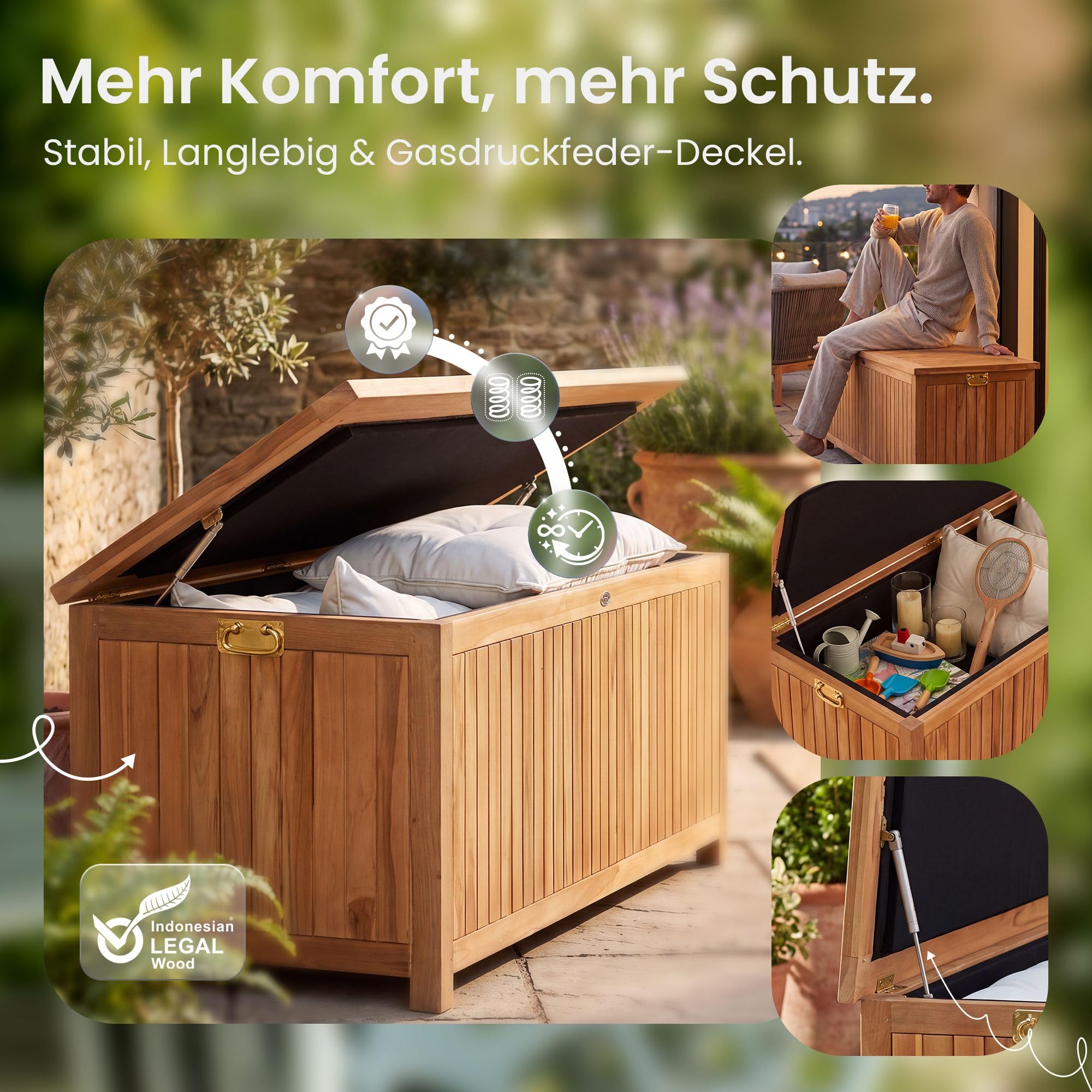 CLP Auflagenbox ODESSA aus Teakholz I Gartentruhe für Kissen und Auflagen I In verschiedenen Größen erhältlich, Farbe:teak, Größe:160 cm