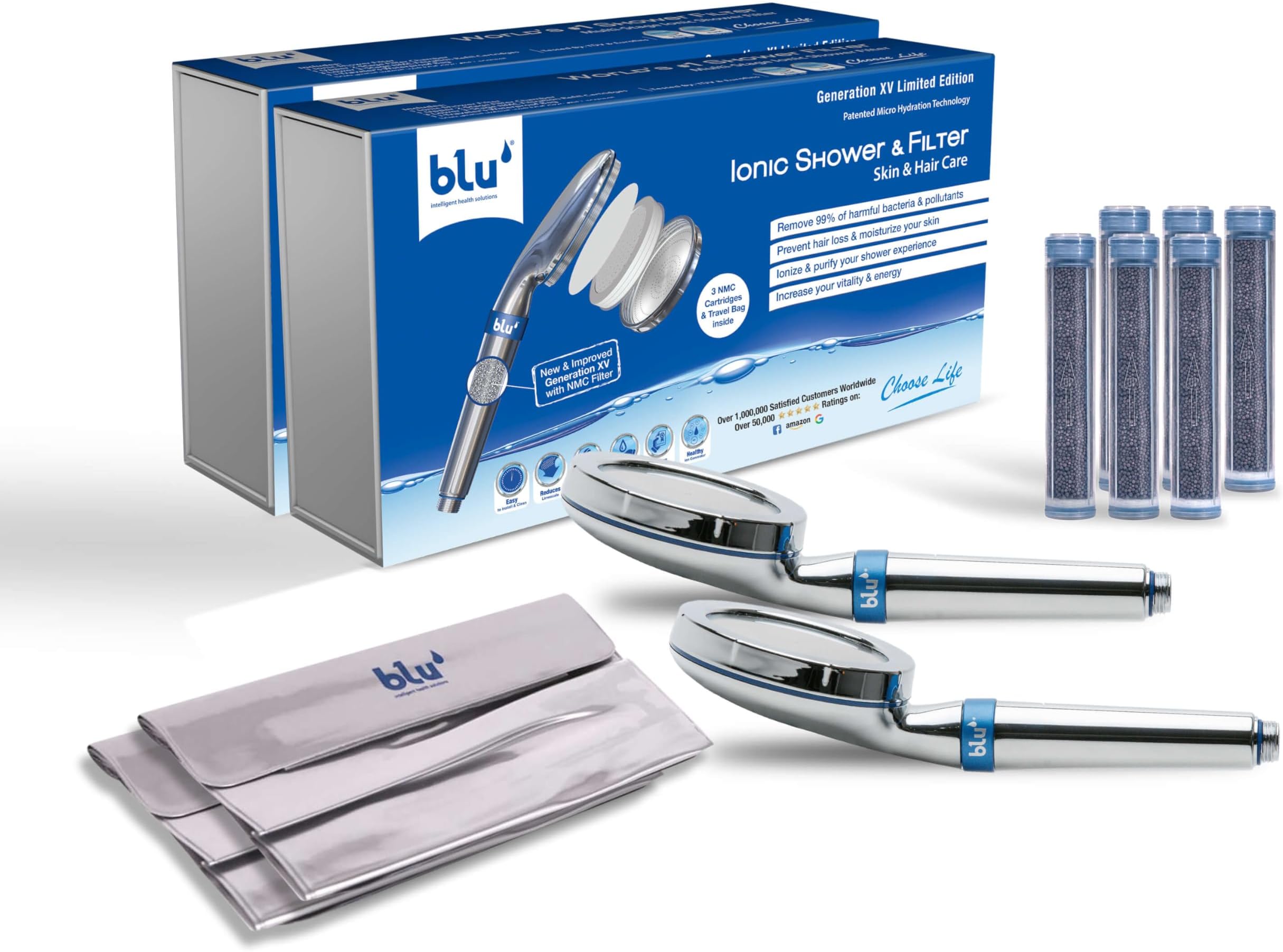 blu Ionic Shower Head and Shower Filter - Handheld - 2 Pcs Combo - Removes Chlorine & Harmful Pollutants - Prevent Hair Loss & Moisturize Your Skin, Chrome