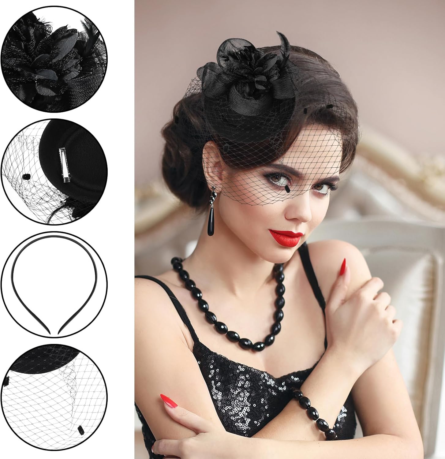 Geyoga 8 Pcs Fascinators Funeral Hats Pillbox Hat with Veil Feather Headband for Women Tea Party Church Halloween Costume - Image 5