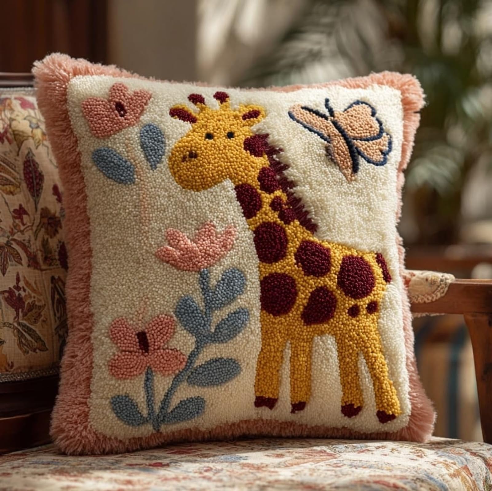 AxiangziK Latch Hook Pillow Cover Kit,Giraffe and Butterfly 43x43cm DIY Cushion Kit for Adults Beginners,Living Room Sofa Decoration,with Pattern and Yarn
