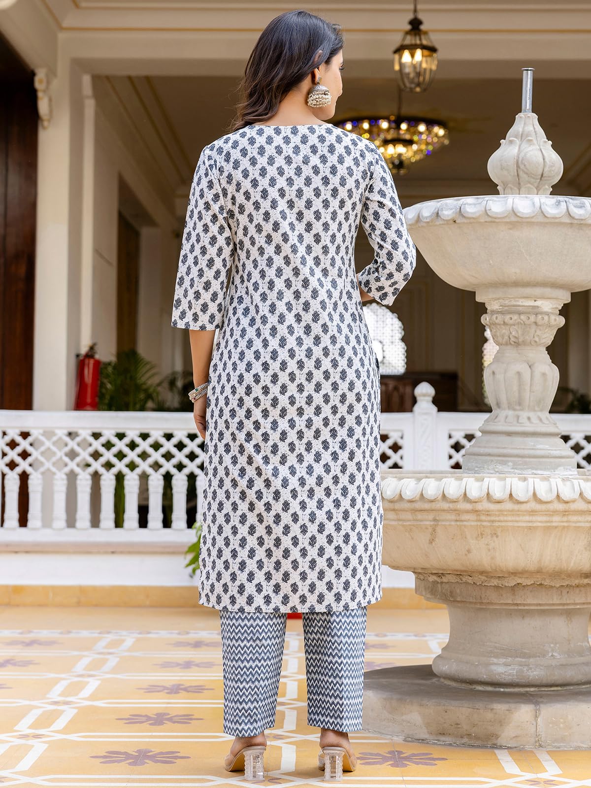 Sanisa Women's Cotton Printed & Lace Straight Kurta With Pant And Dupatta Set (268Kbd2811N-S_Grey & White)
